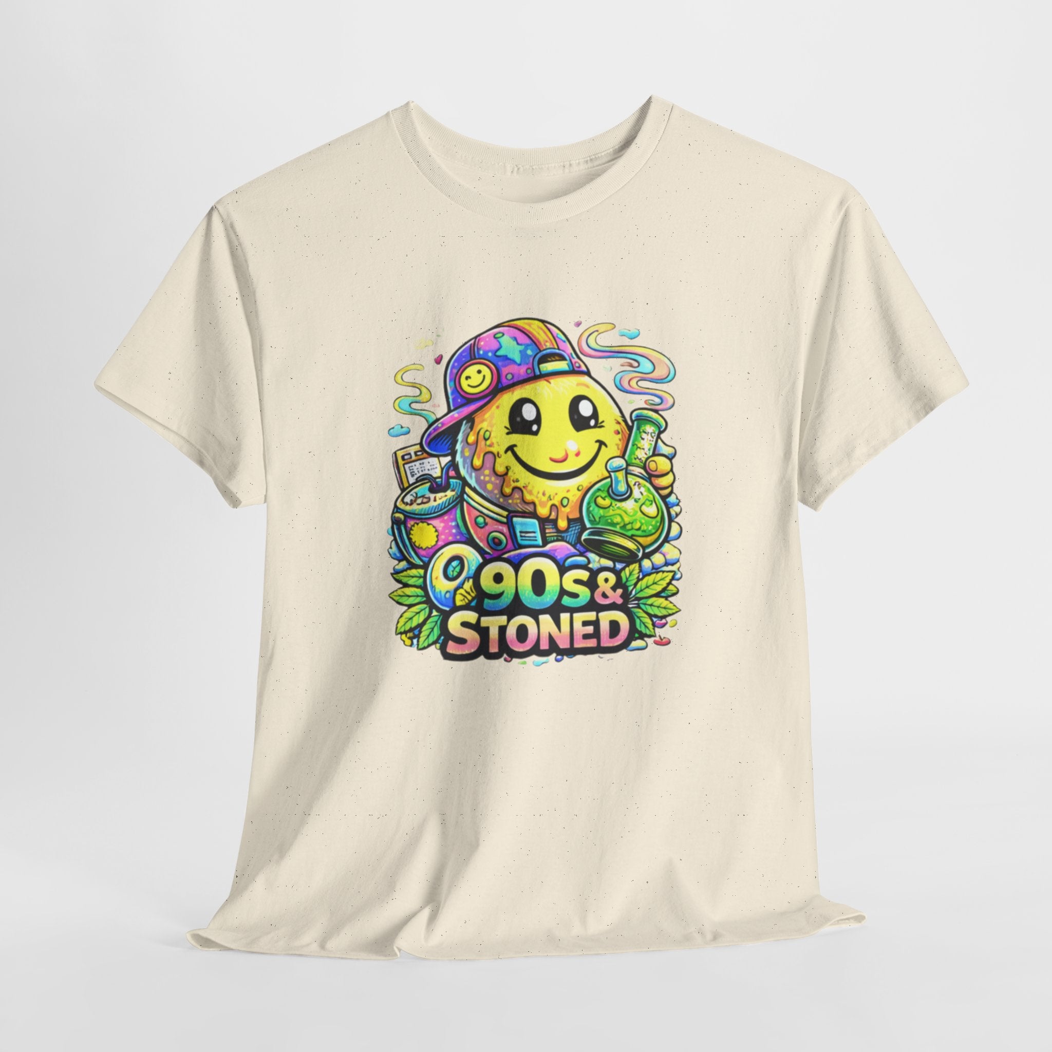90s & Stoned Smiley Tee — Retro Vaporwave Cannabis Graphic T-Shirt