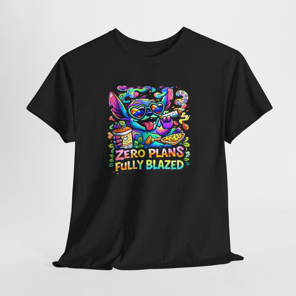 Zero Plans Fully Blazed Tee — Colorful Stoner Cat Graphic T-Shirt