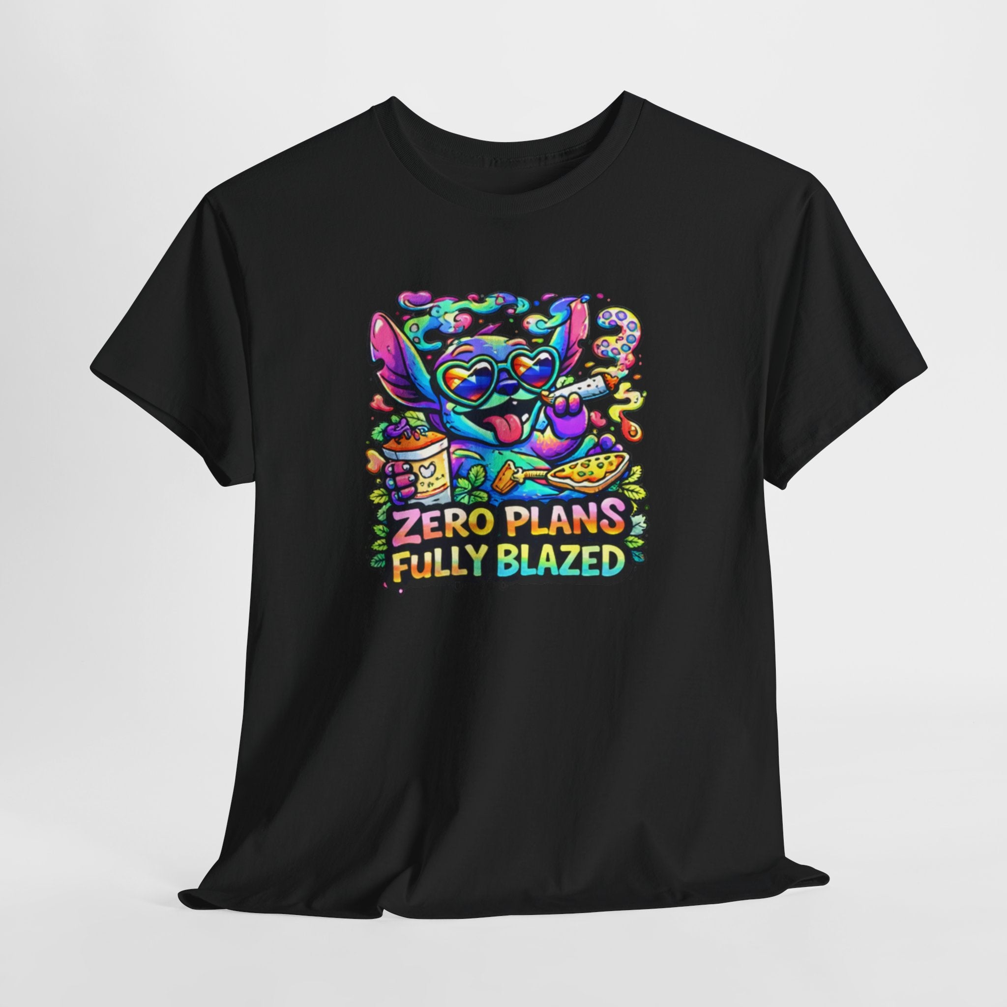 Zero Plans Fully Blazed Tee — Colorful Stoner Cat Graphic T-Shirt