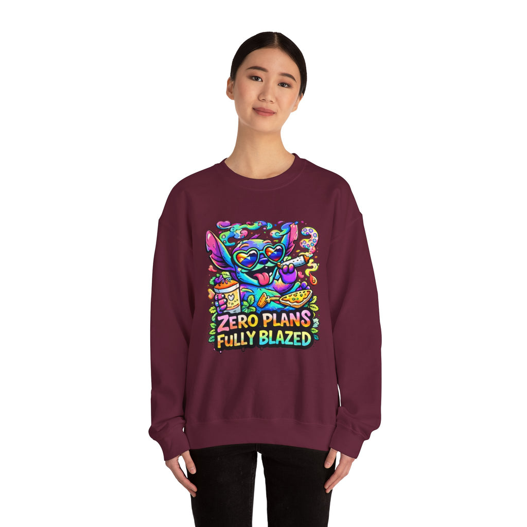 Crewneck Sweatshirt — "Zero Plans Fully Blazed" Colorful Stoner Cartoon Graphic
