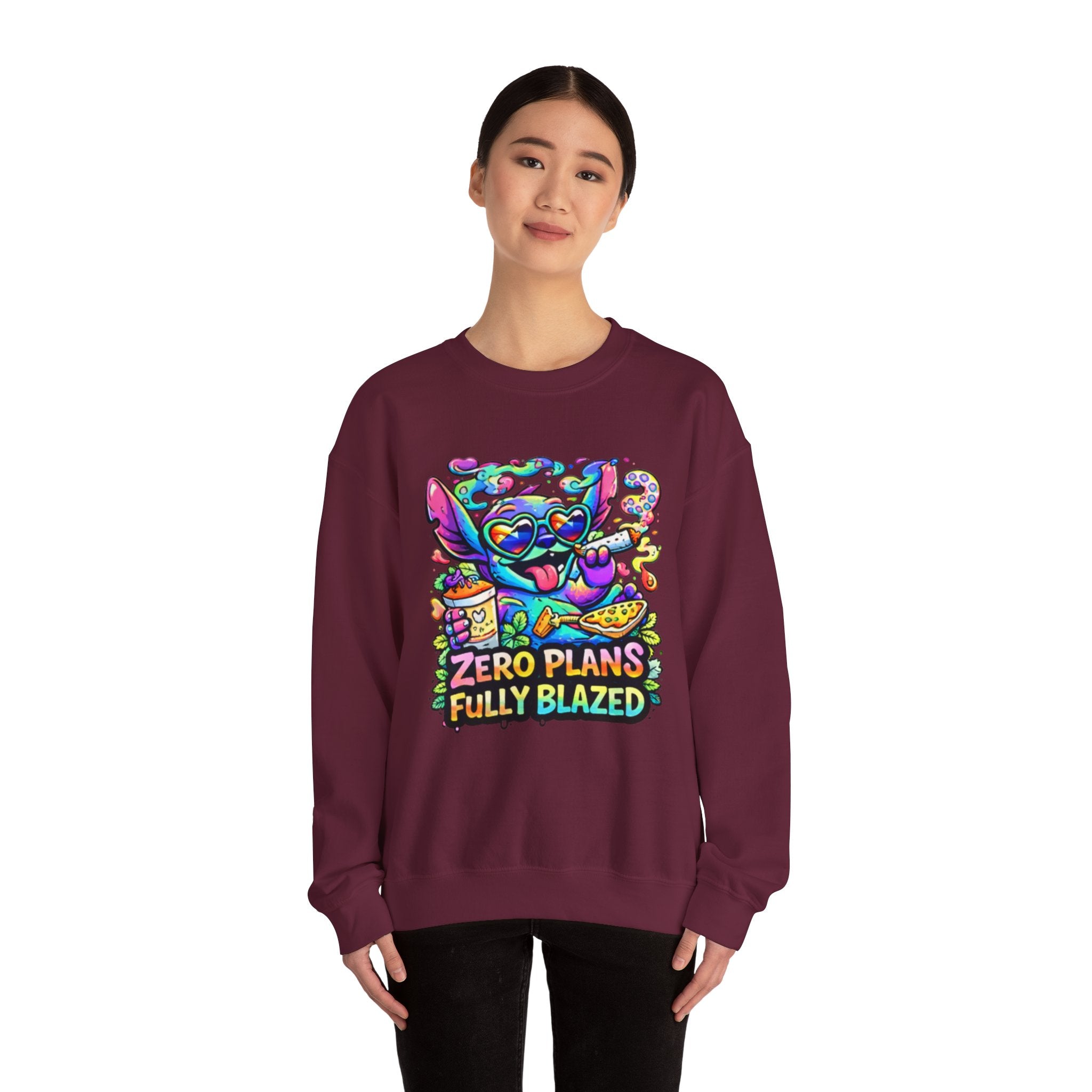 Crewneck Sweatshirt — "Zero Plans Fully Blazed" Colorful Stoner Cartoon Graphic