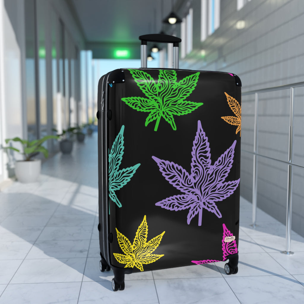 Carry-On Suitcase with Colorful Cannabis Leaf Print – Travel Luggage, Funky Marijuana Leaf Design