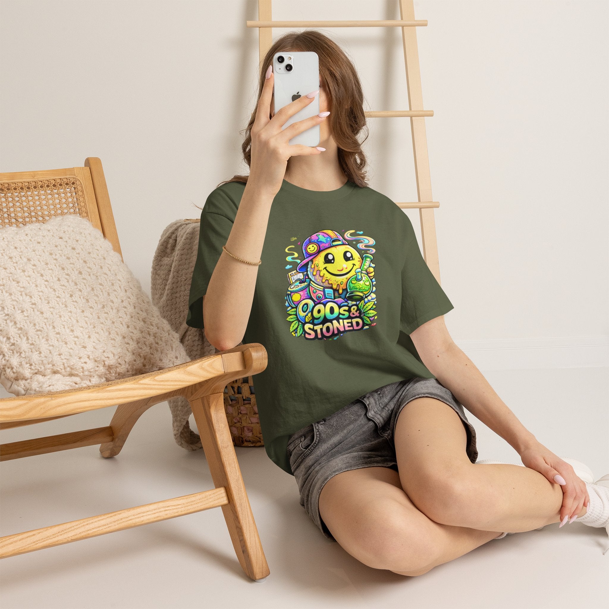90s & Stoned Smiley Tee — Retro Vaporwave Cannabis Graphic T-Shirt