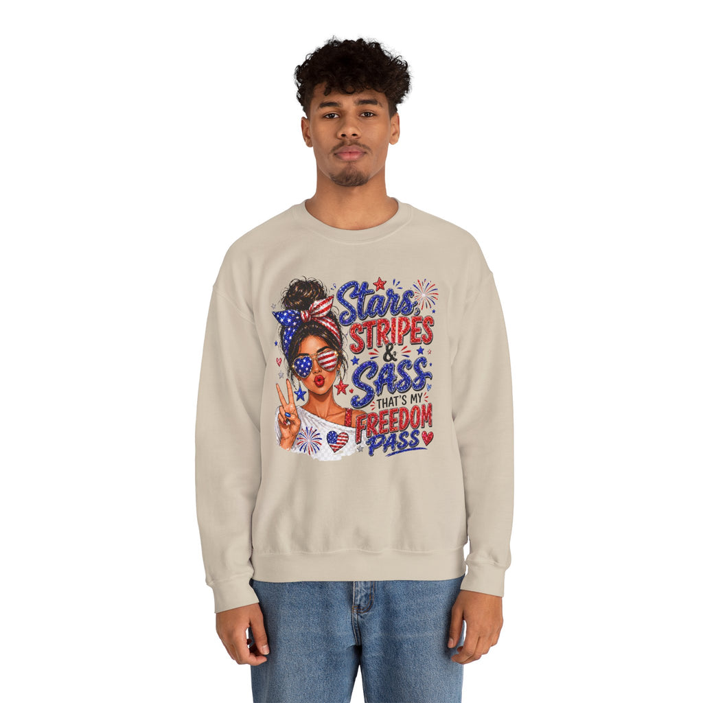 Patriotic 'Stars, Stripes & Sass' Crewneck Sweatshirt – 4th of July Freedom Pass Graphic