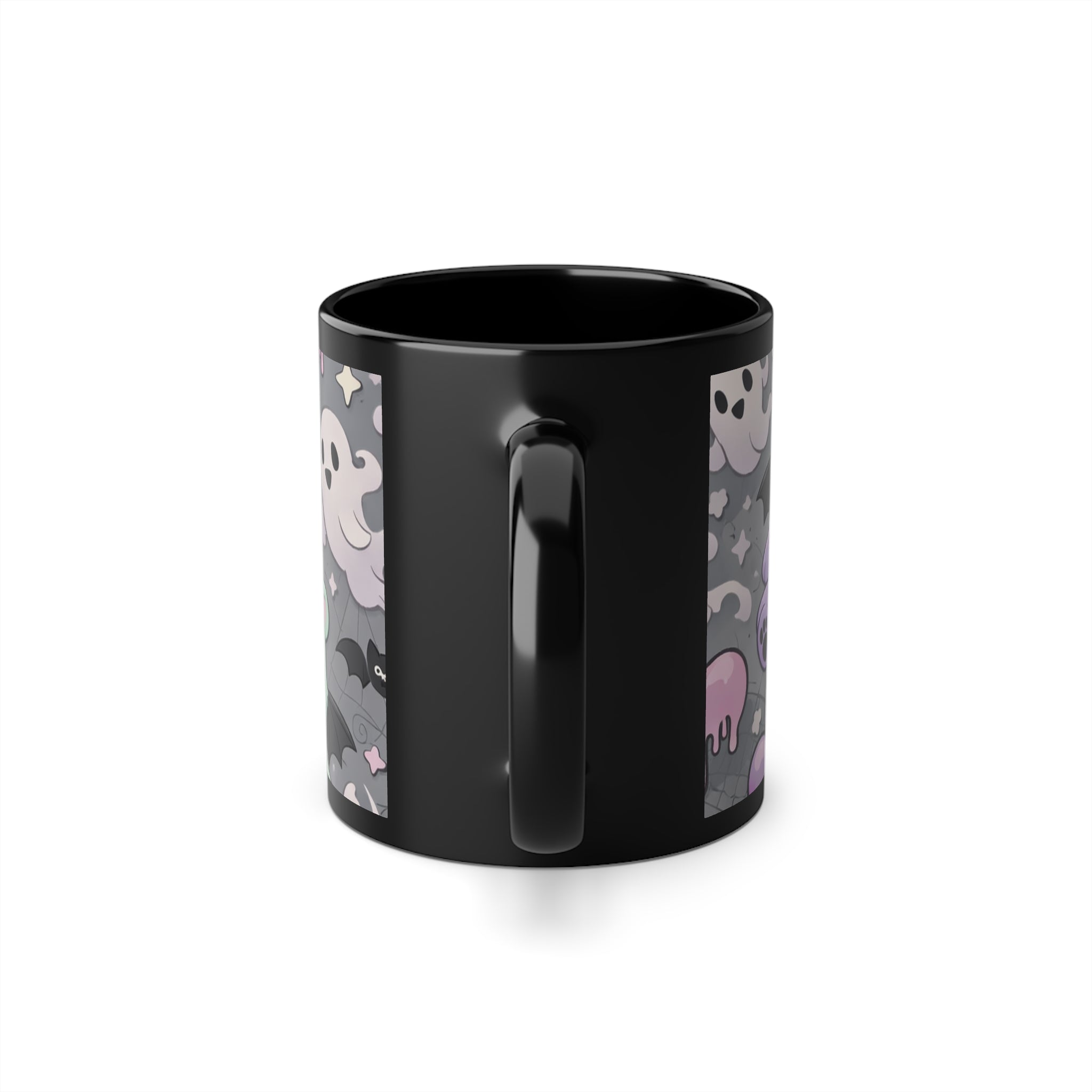 Ghostly Kawaii Pattern Coffee Mug — Cute Pastel Halloween 11oz Black Cup