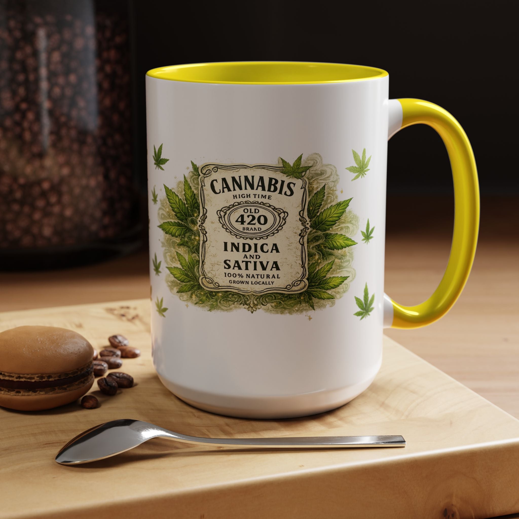 Cannabis 420 Accent Coffee Mug — Indica & Sativa Leaf Pattern (11/15oz)