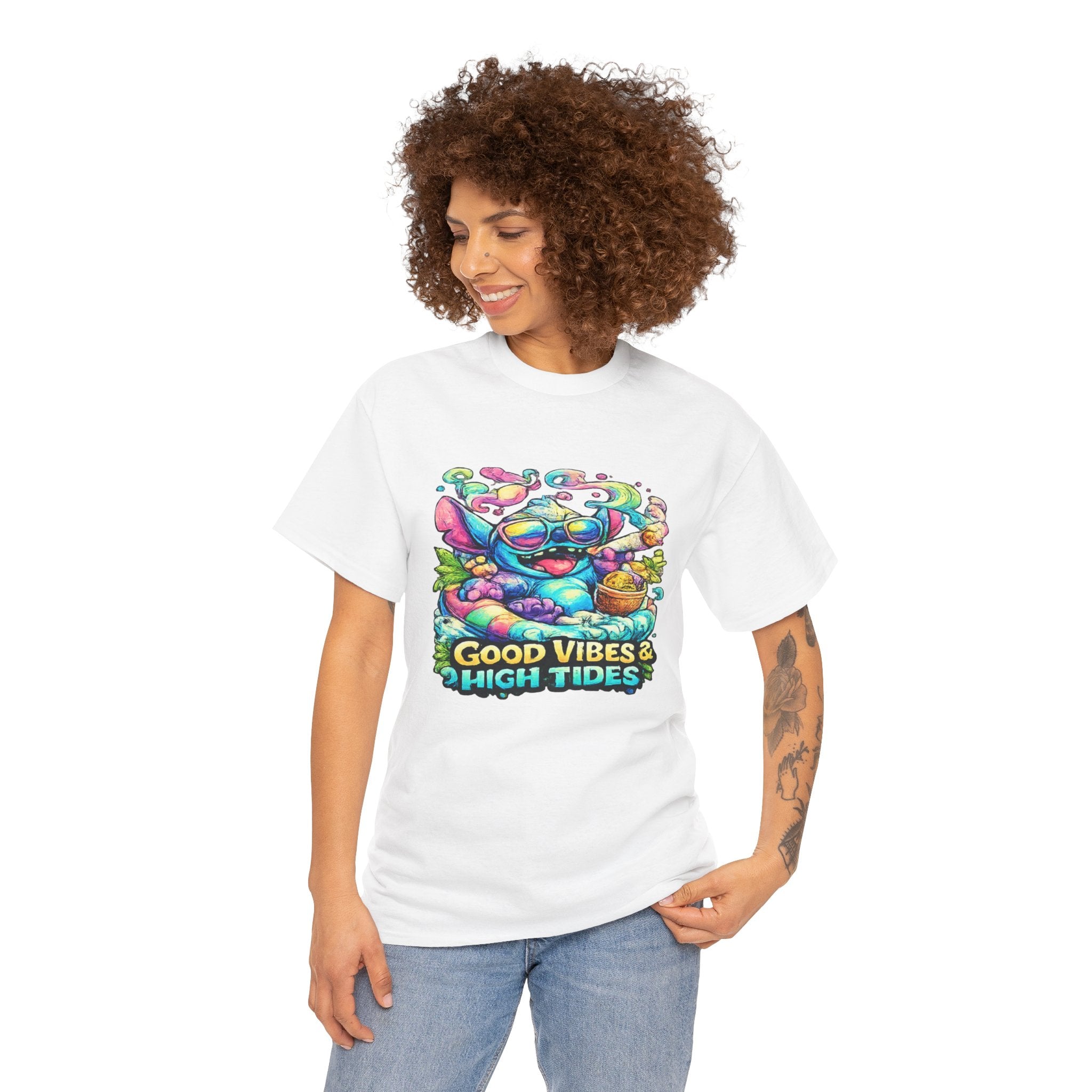 T-Shirt — "Good Vibes & High Tides" Colorful Surf Shark Graphic Tee
