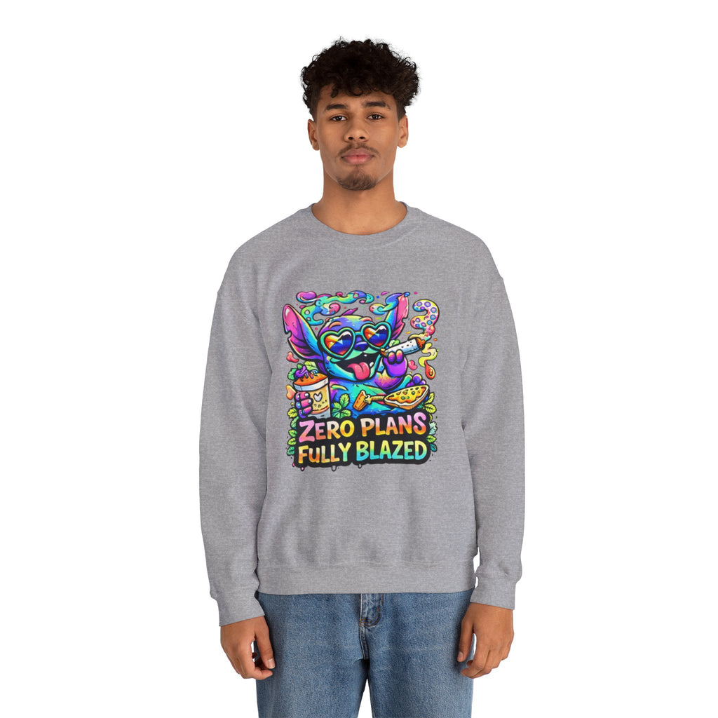 Crewneck Sweatshirt — "Zero Plans Fully Blazed" Colorful Stoner Cartoon Graphic