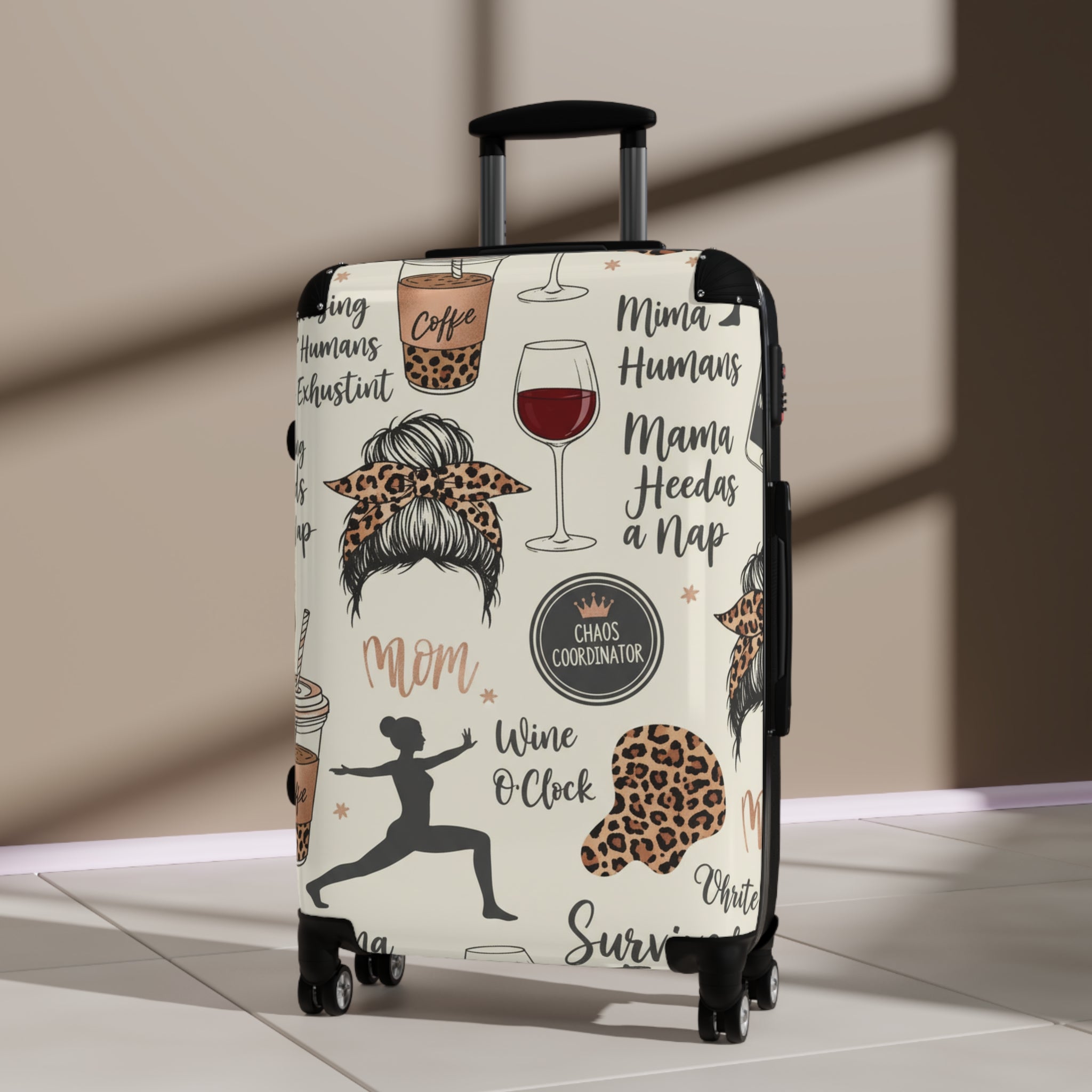 Mama Travel Suitcase - Funny Mom Pattern with Wine, Coffee & Leopard Print