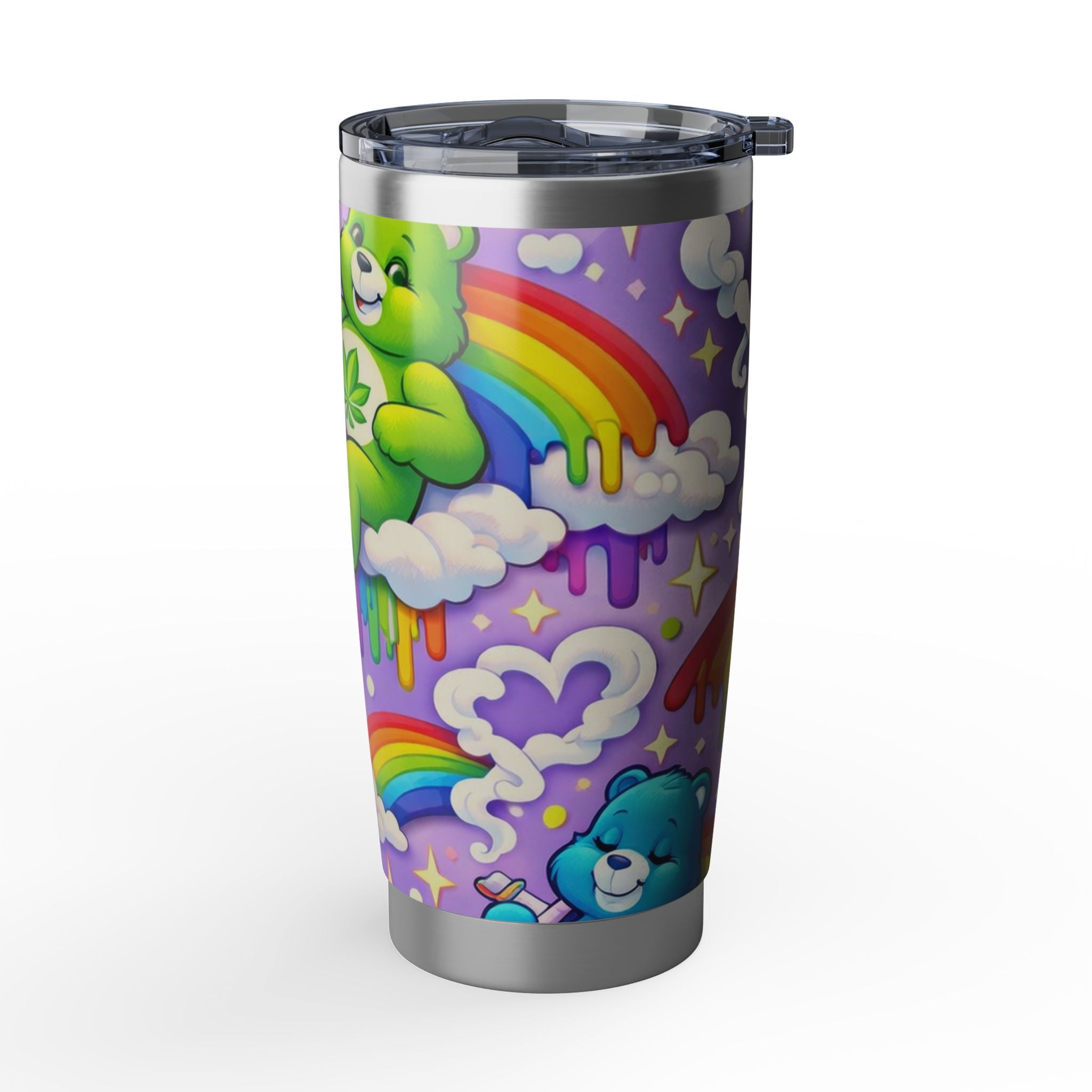 20oz Tumbler — Psychedelic Rainbow Bear Travel Cup with Leaf Motif