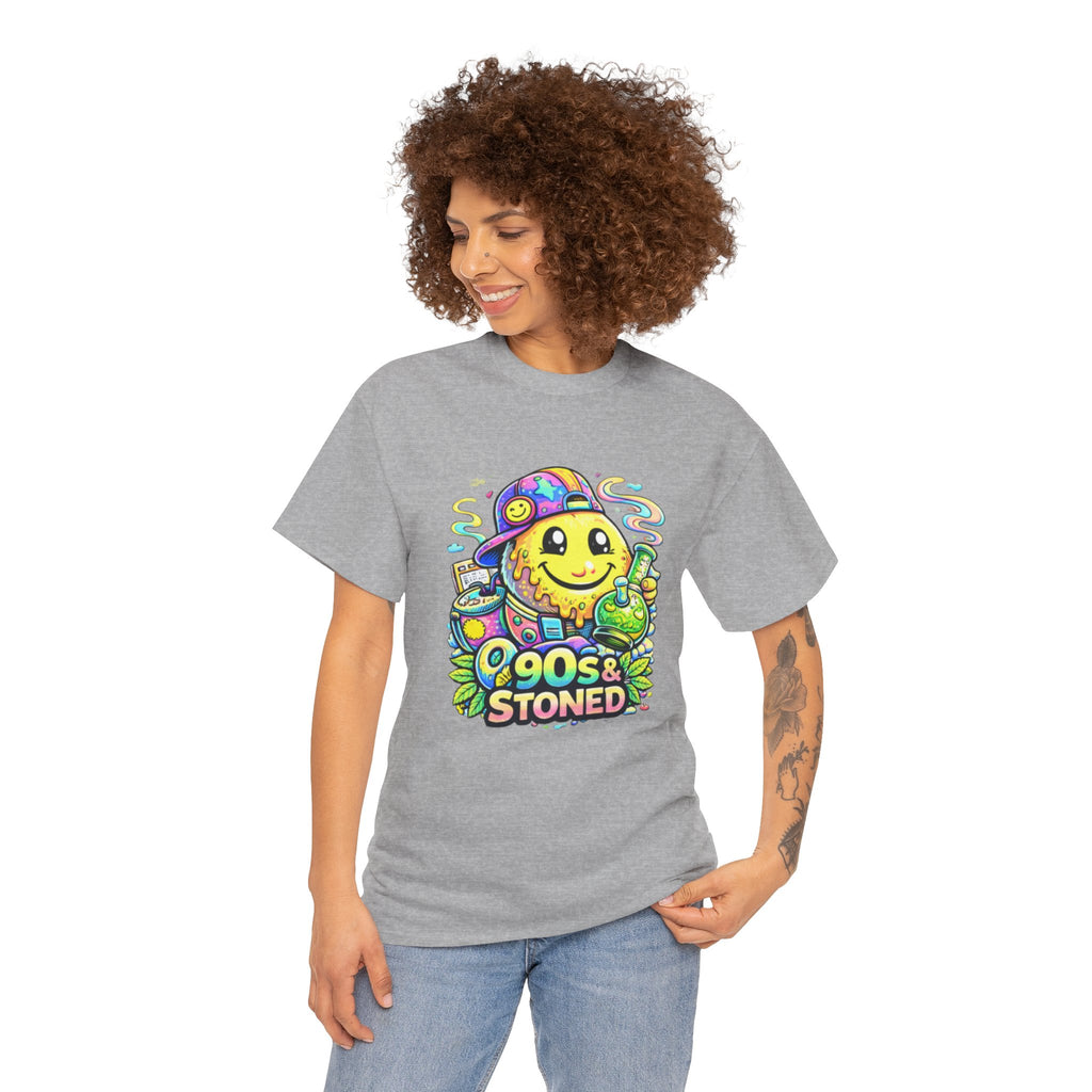 90s & Stoned Smiley Tee — Retro Vaporwave Cannabis Graphic T-Shirt