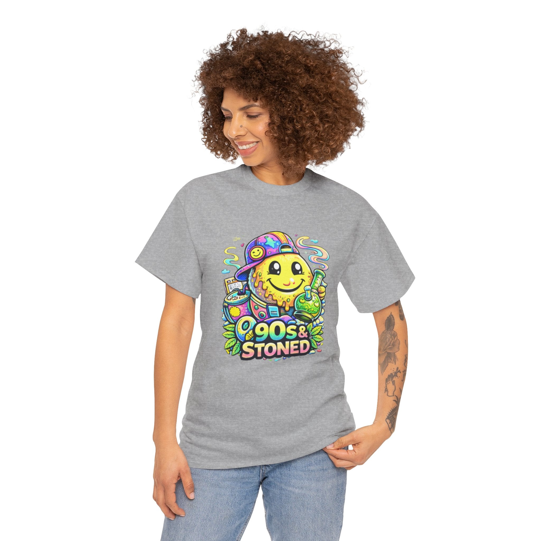 90s & Stoned Smiley Tee — Retro Vaporwave Cannabis Graphic T-Shirt