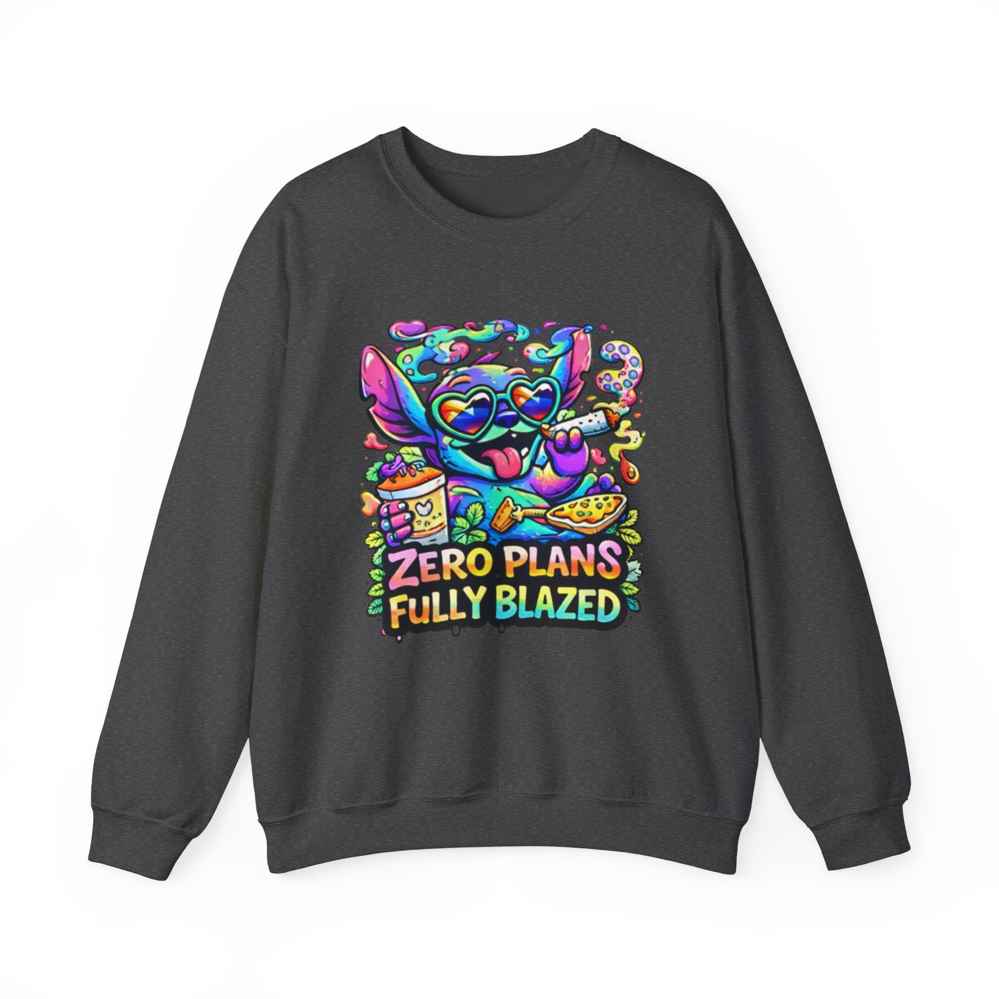 Crewneck Sweatshirt — "Zero Plans Fully Blazed" Colorful Stoner Cartoon Graphic