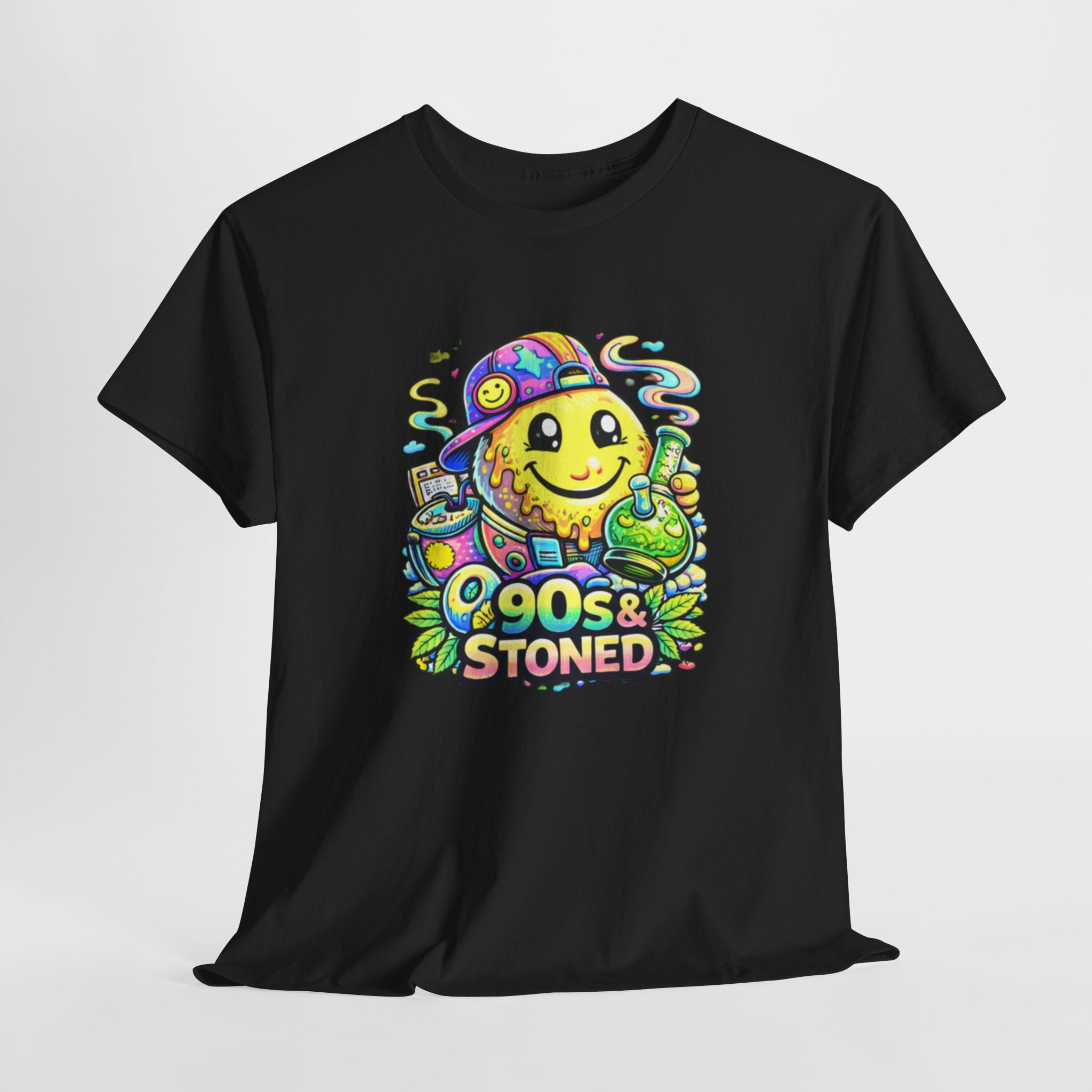 90s & Stoned Smiley Tee — Retro Vaporwave Cannabis Graphic T-Shirt