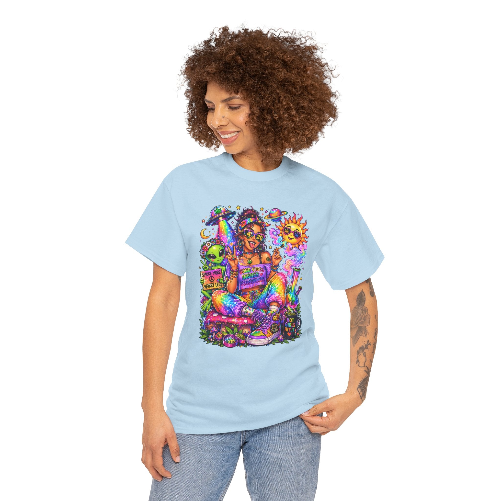 Psychedelic Hippie Girl T-Shirt — Colorful Boho Sun, Mushroom & Alien Graphic Tee