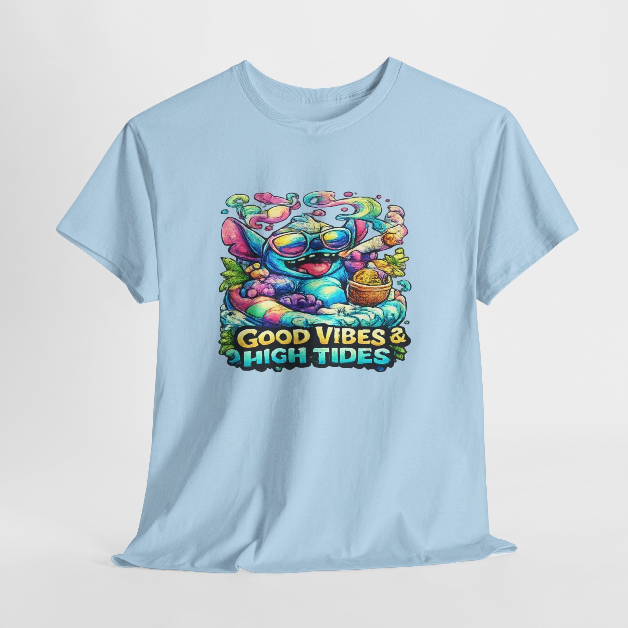 T-Shirt — "Good Vibes & High Tides" Colorful Surf Shark Graphic Tee