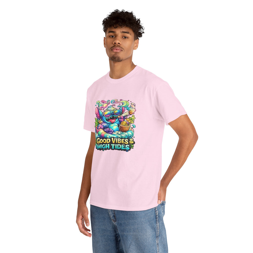 T-Shirt — "Good Vibes & High Tides" Colorful Surf Shark Graphic Tee