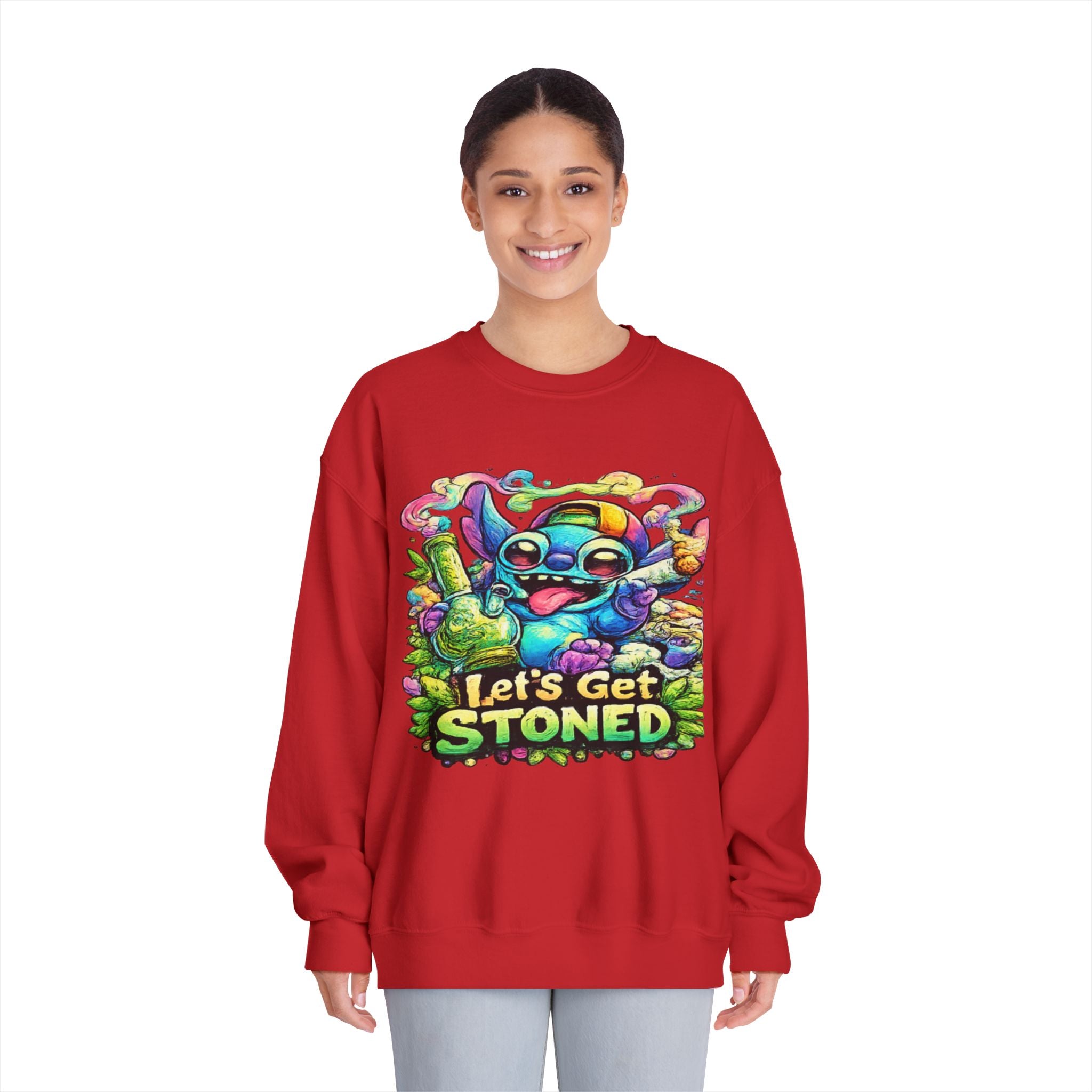 Let's Get Stoned Crewneck Sweatshirt – Colorful Psychedelic Alien Graphic