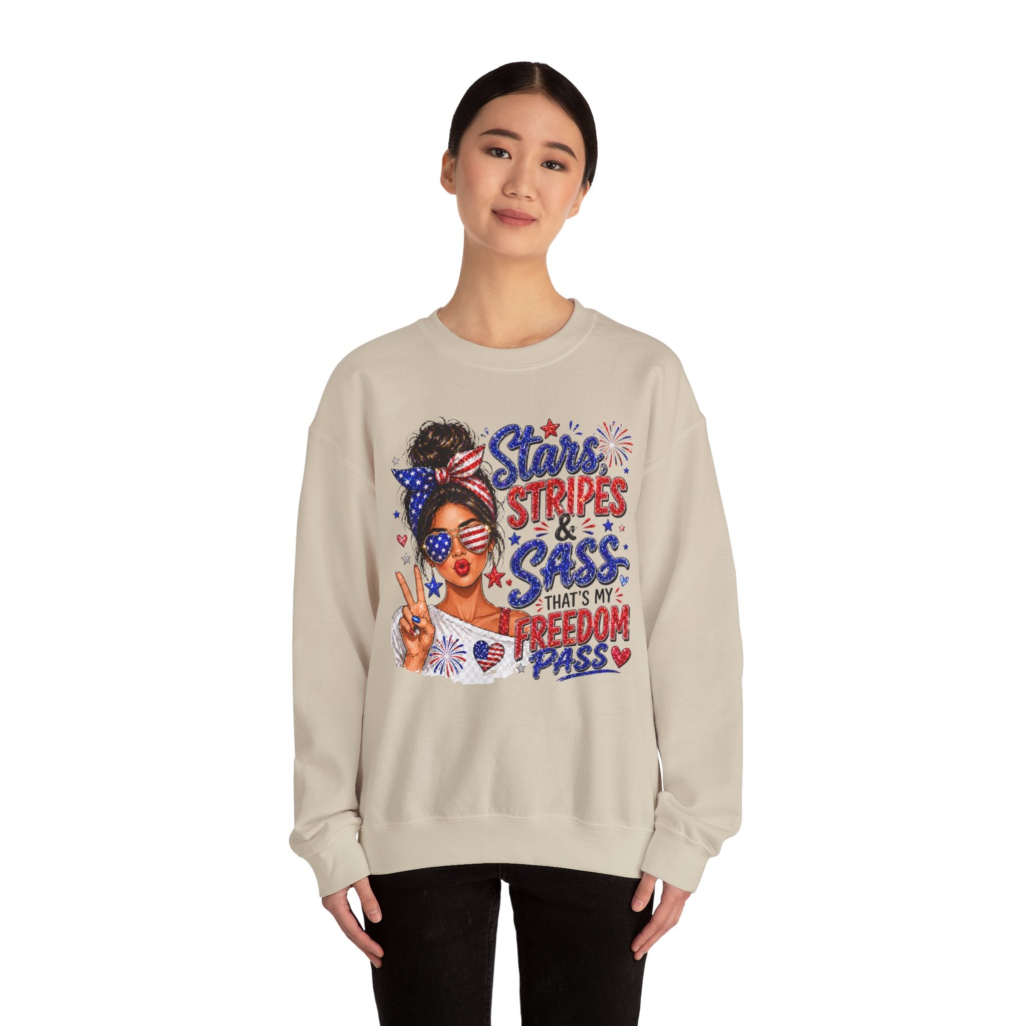 Patriotic 'Stars, Stripes & Sass' Crewneck Sweatshirt – 4th of July Freedom Pass Graphic