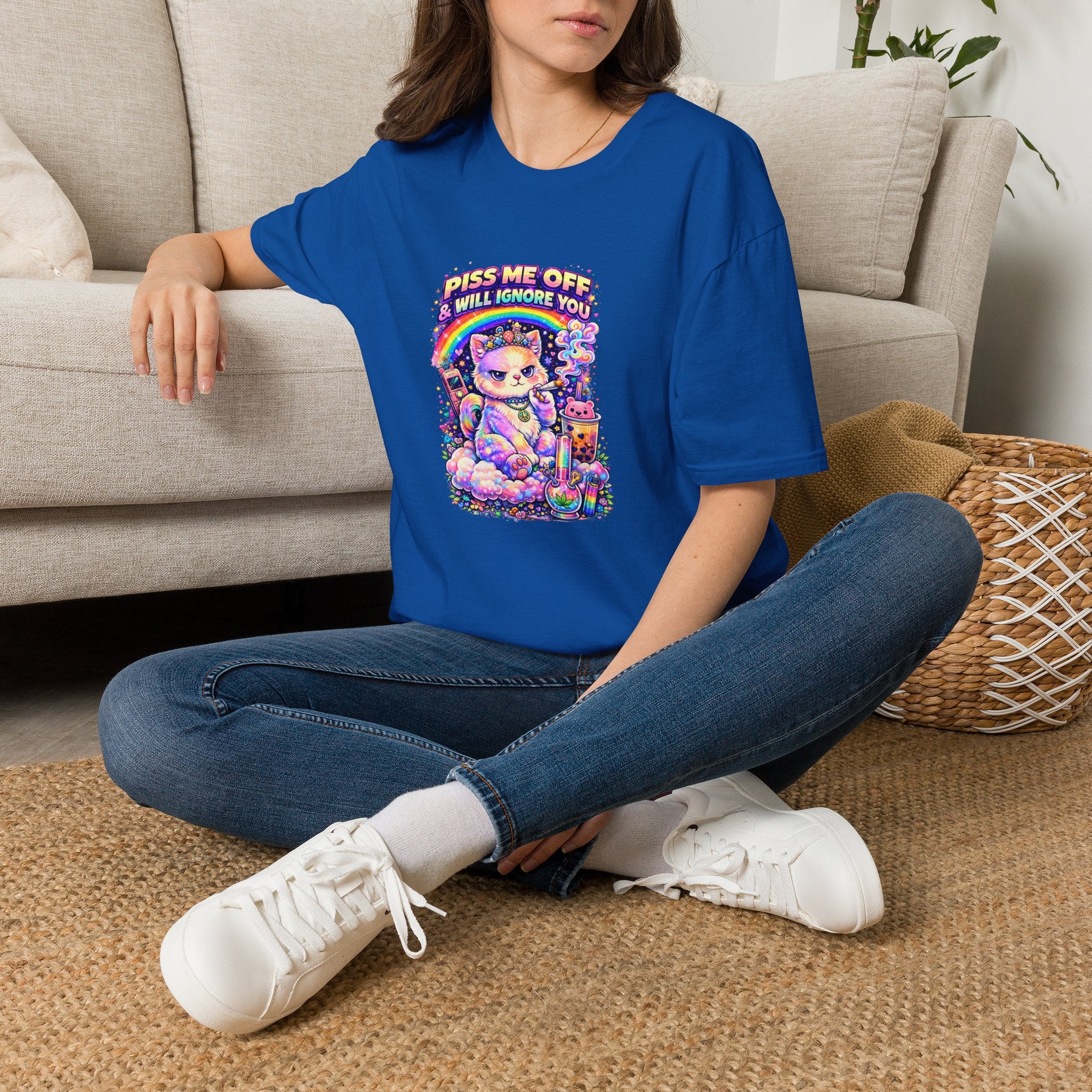 Graphic T-Shirt — "Piss Me Off & I Will Ignore You" Cute Grumpy Cat Rainbow Design