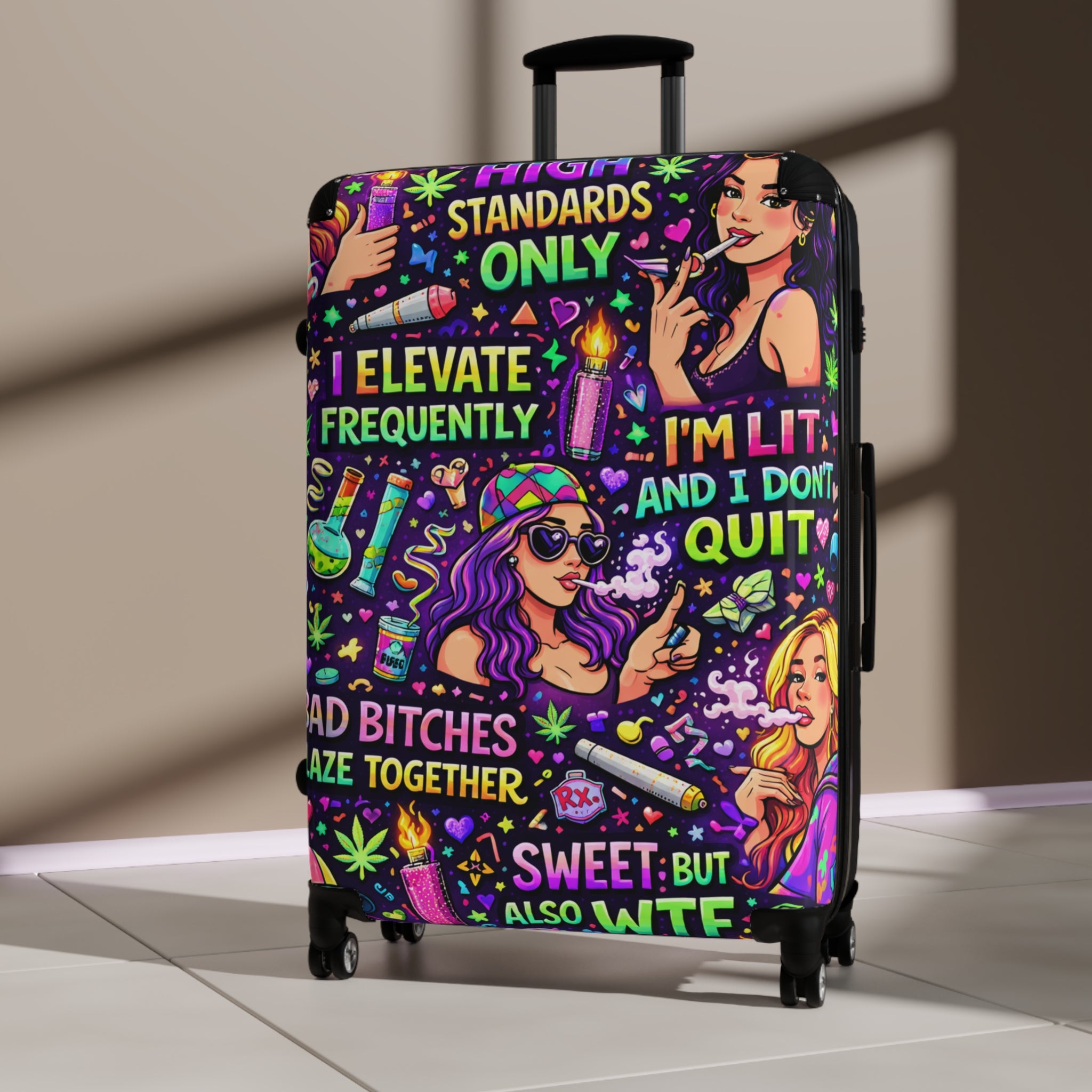 Bold Graphic Suitcase – Colorful Sassy Travel Luggage with Motivational Pop-Art Design