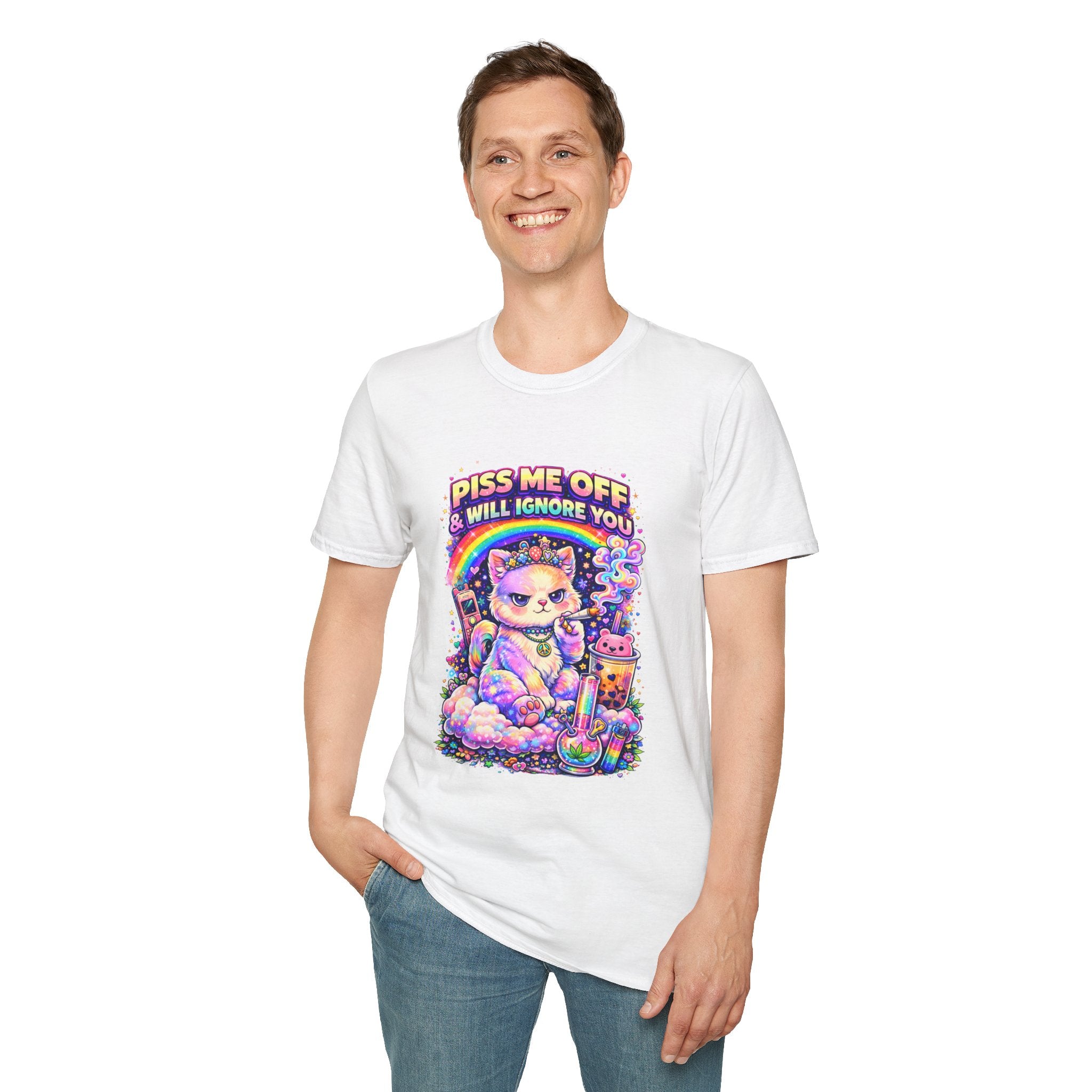 Graphic T-Shirt — "Piss Me Off & I Will Ignore You" Cute Grumpy Cat Rainbow Design
