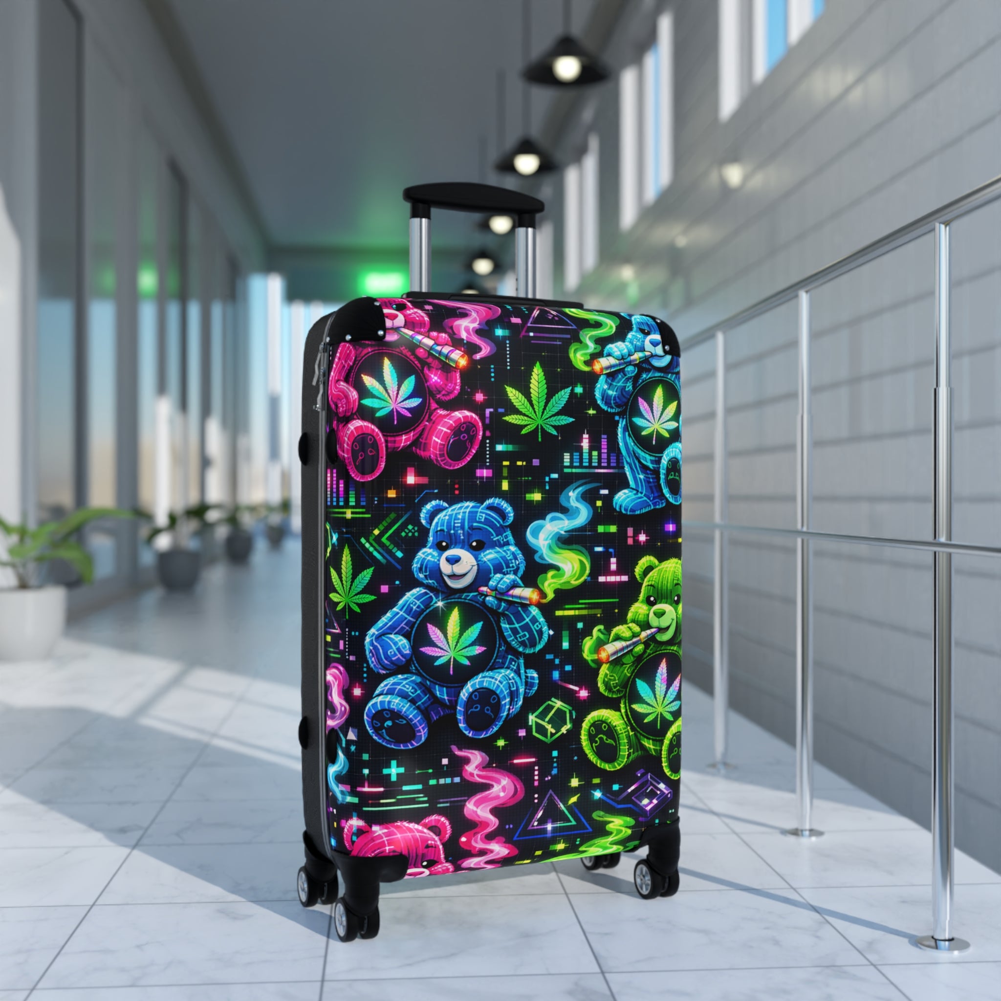 Neon Teddy Cannabis Suitcase – Colorful Psychedelic Carry-On