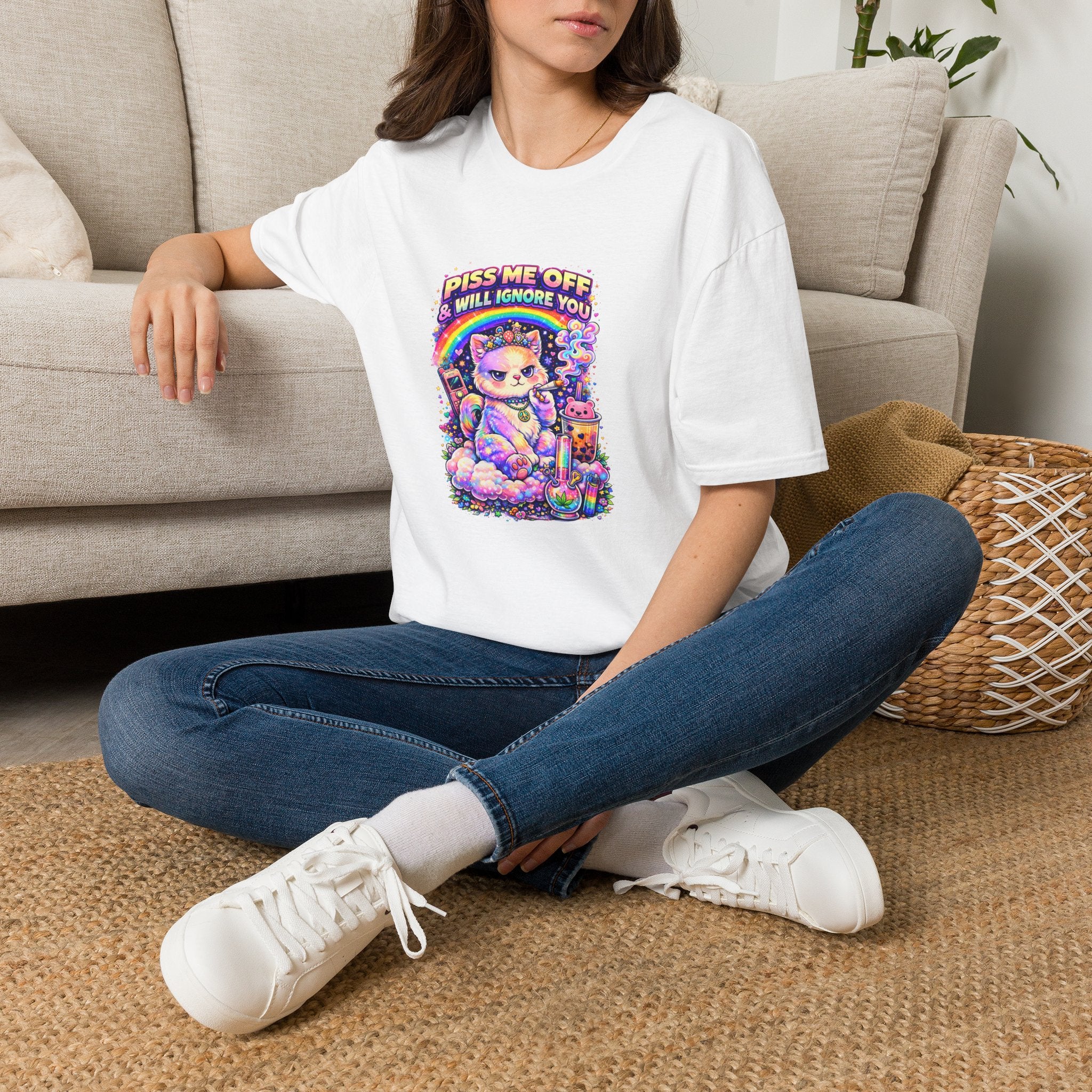 Graphic T-Shirt — "Piss Me Off & I Will Ignore You" Cute Grumpy Cat Rainbow Design