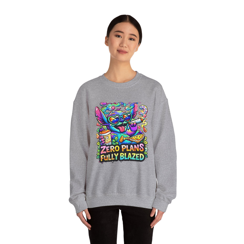 Crewneck Sweatshirt — "Zero Plans Fully Blazed" Colorful Stoner Cartoon Graphic