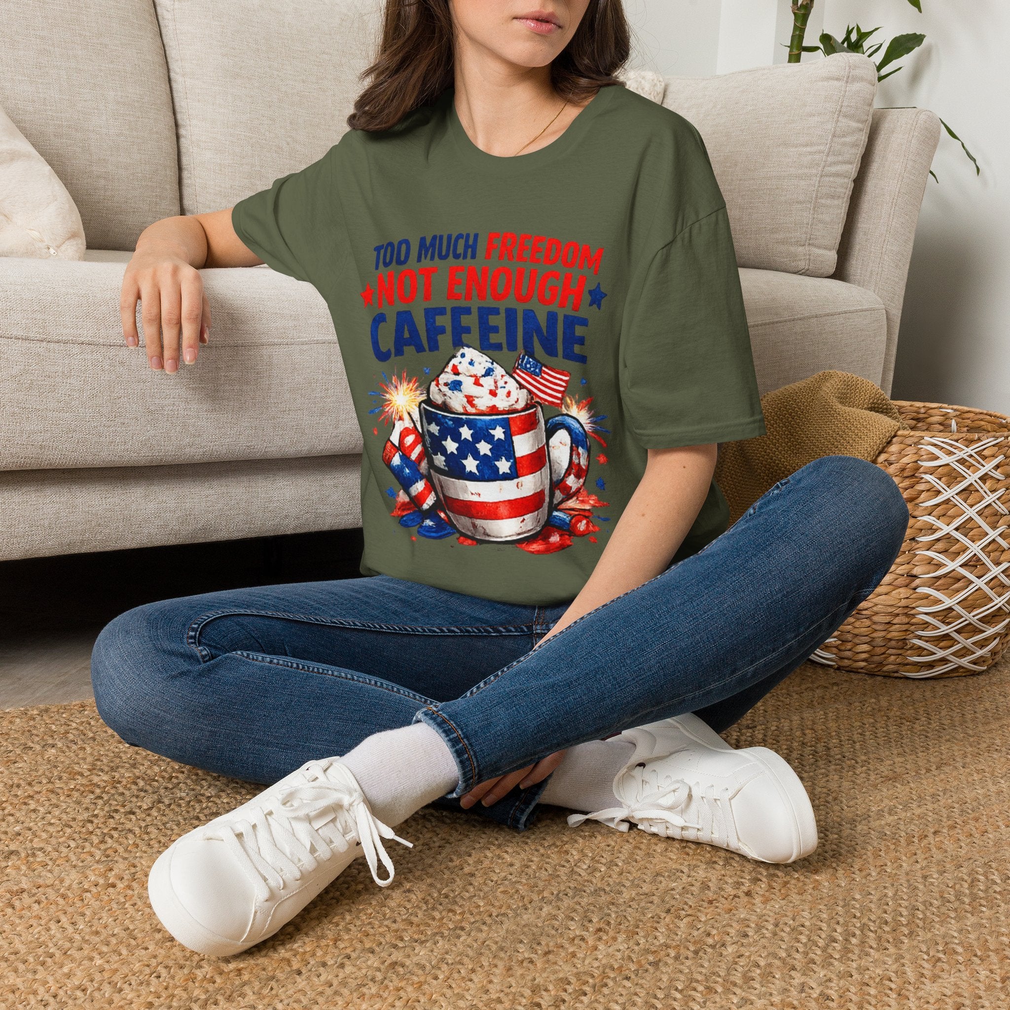 Patriotic Coffee T-Shirt — "Too Much Freedom Not Enough Caffeine"
