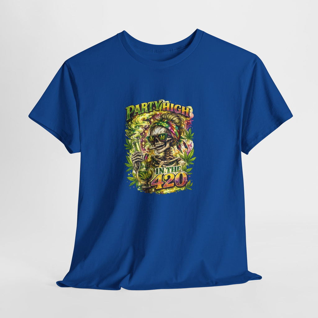 T-Shirt — 'Party High the 420' Cannabis Skull Graphic Tee