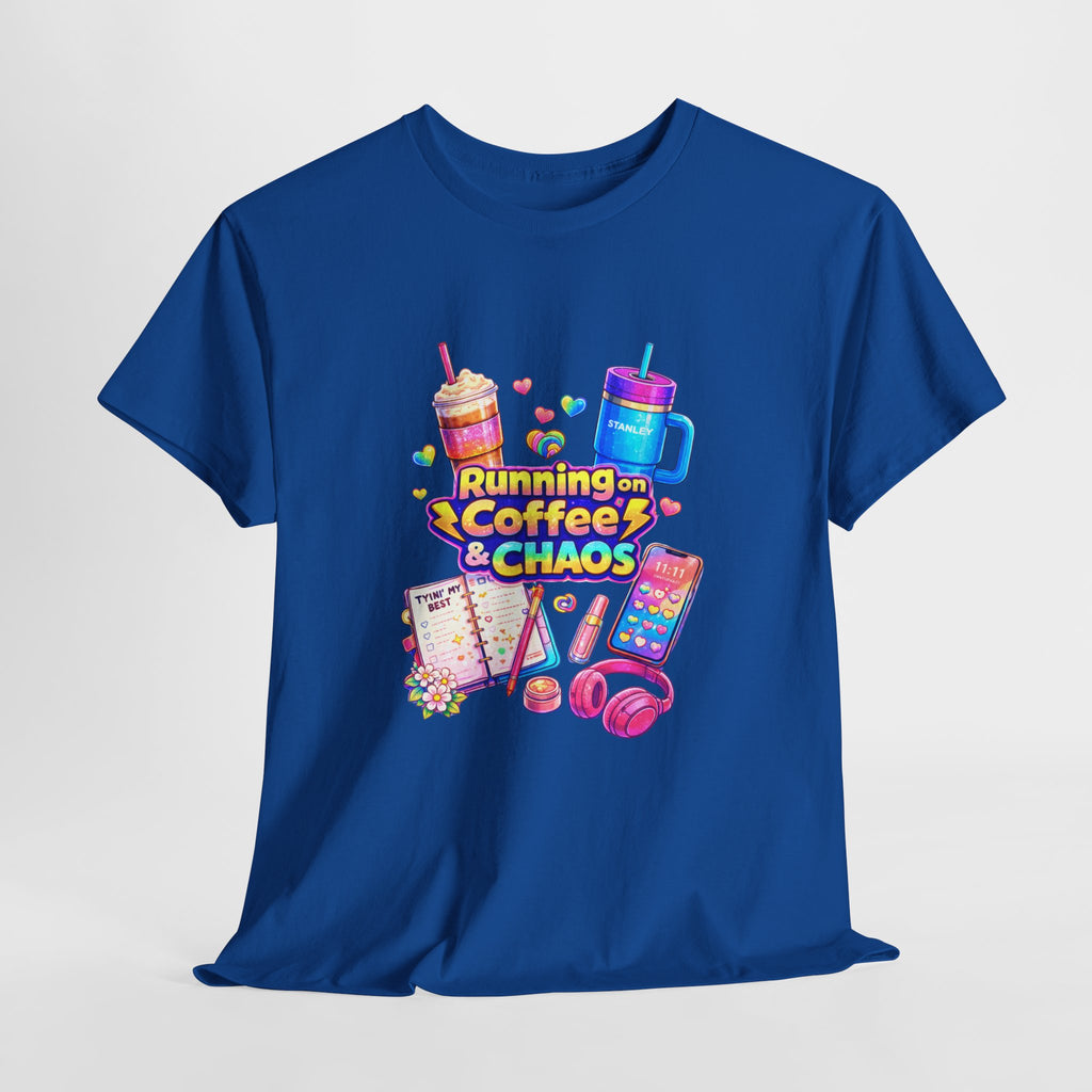 Graphic Tee — "Running on Coffee & Chaos" Colorful Planner Lover Shirt