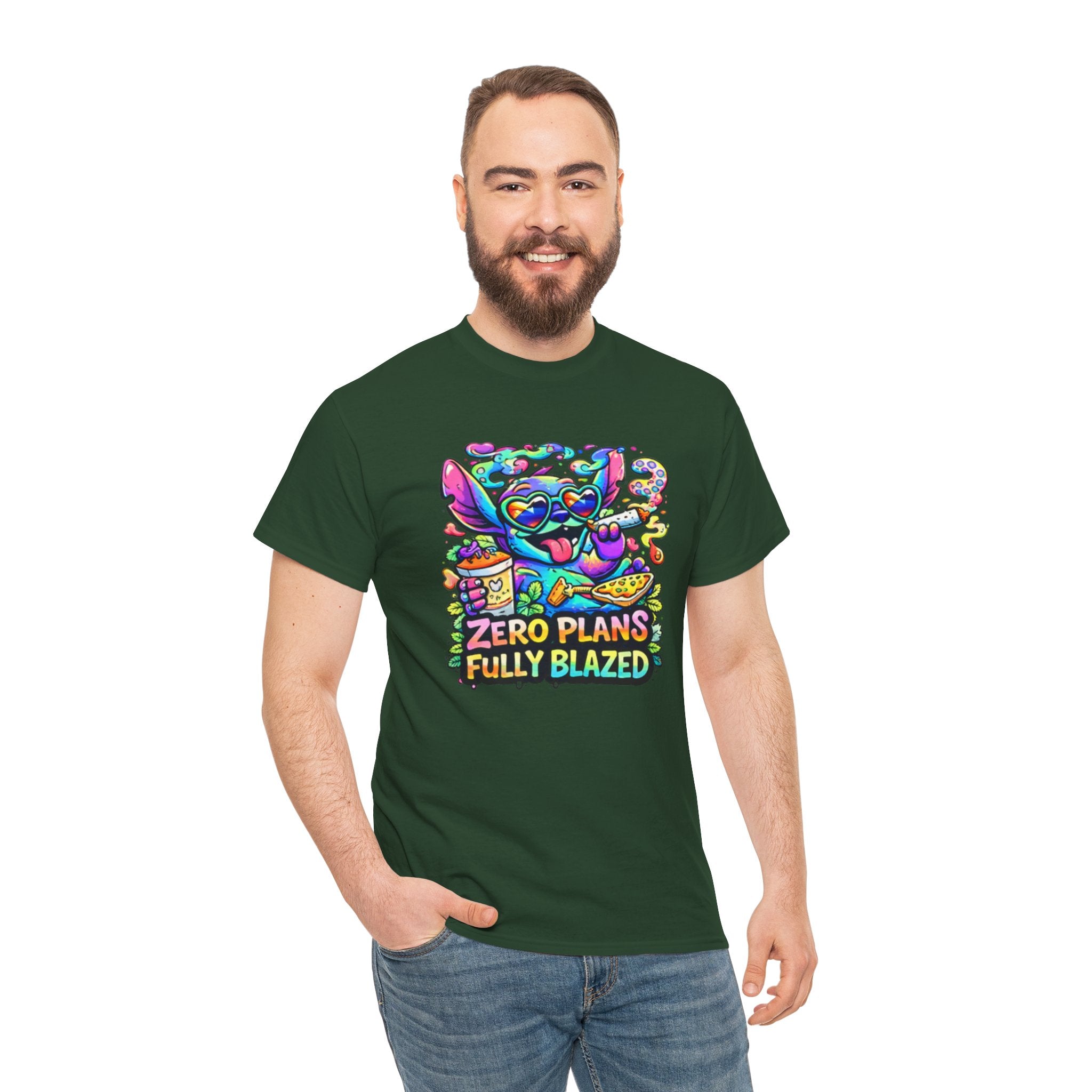 Zero Plans Fully Blazed Tee — Colorful Stoner Cat Graphic T-Shirt