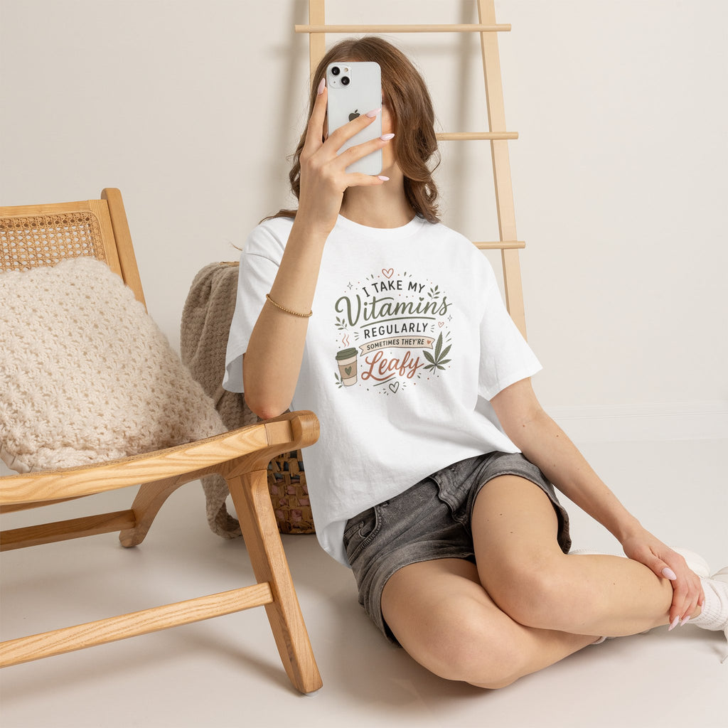 T-Shirt — "I Take My Vitamins Regularly, Sometimes They're Leafy" Funny Cannabis Coffee Tee