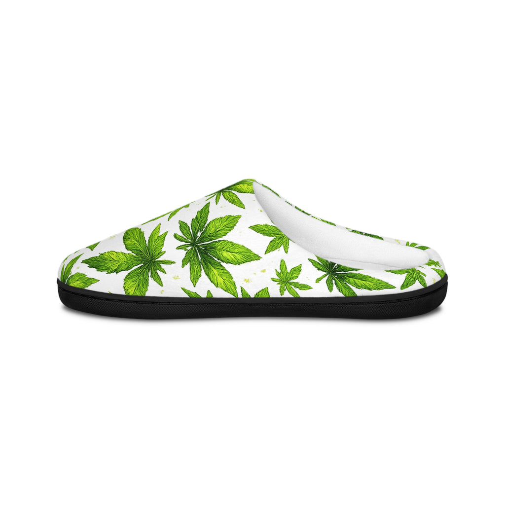 Women's Indoor Slippers — Green Watercolor Cannabis Leaf Pattern Cozy House Shoes
