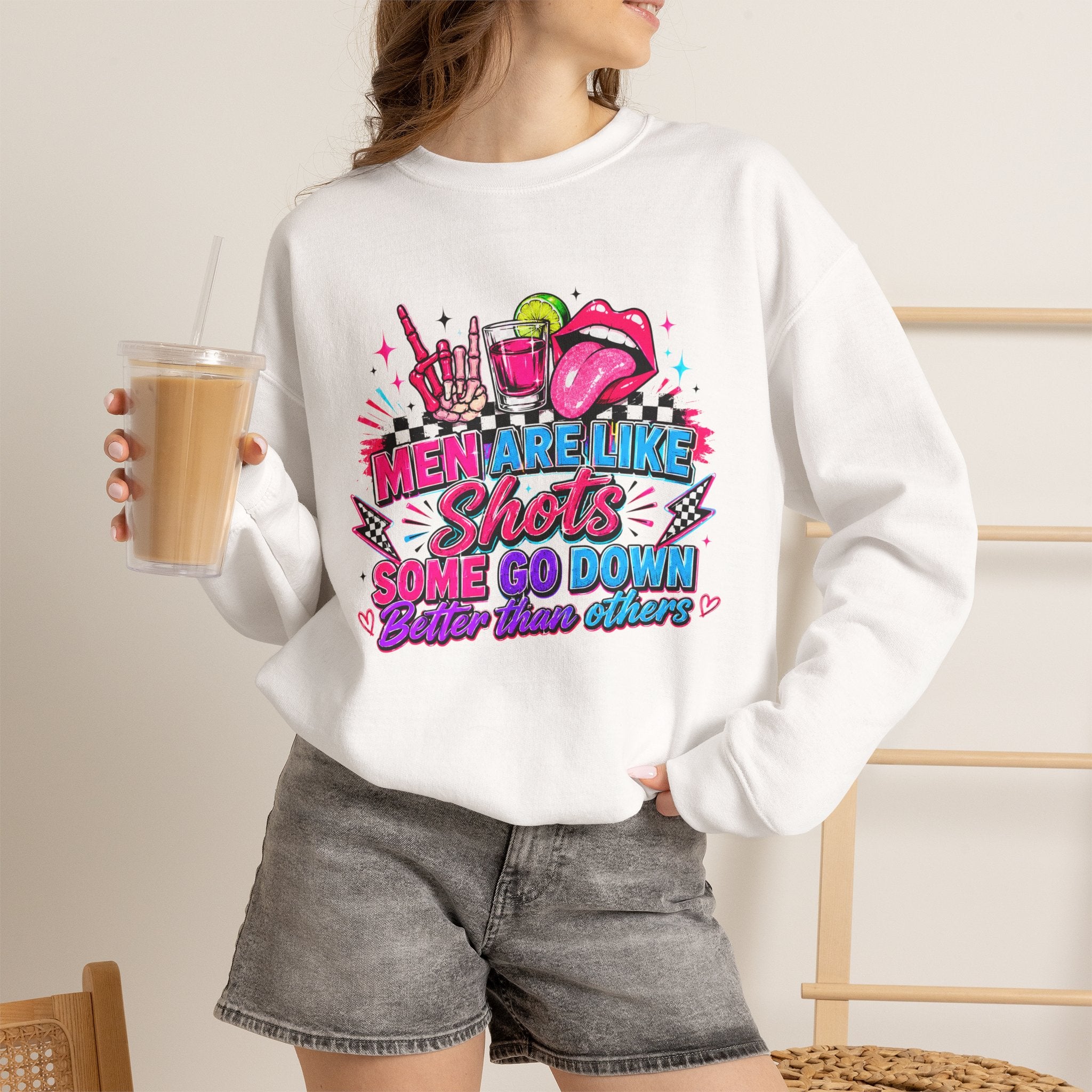 Crewneck Sweatshirt — "Men Are Like Shots" Retro Neon Cocktail Graphic