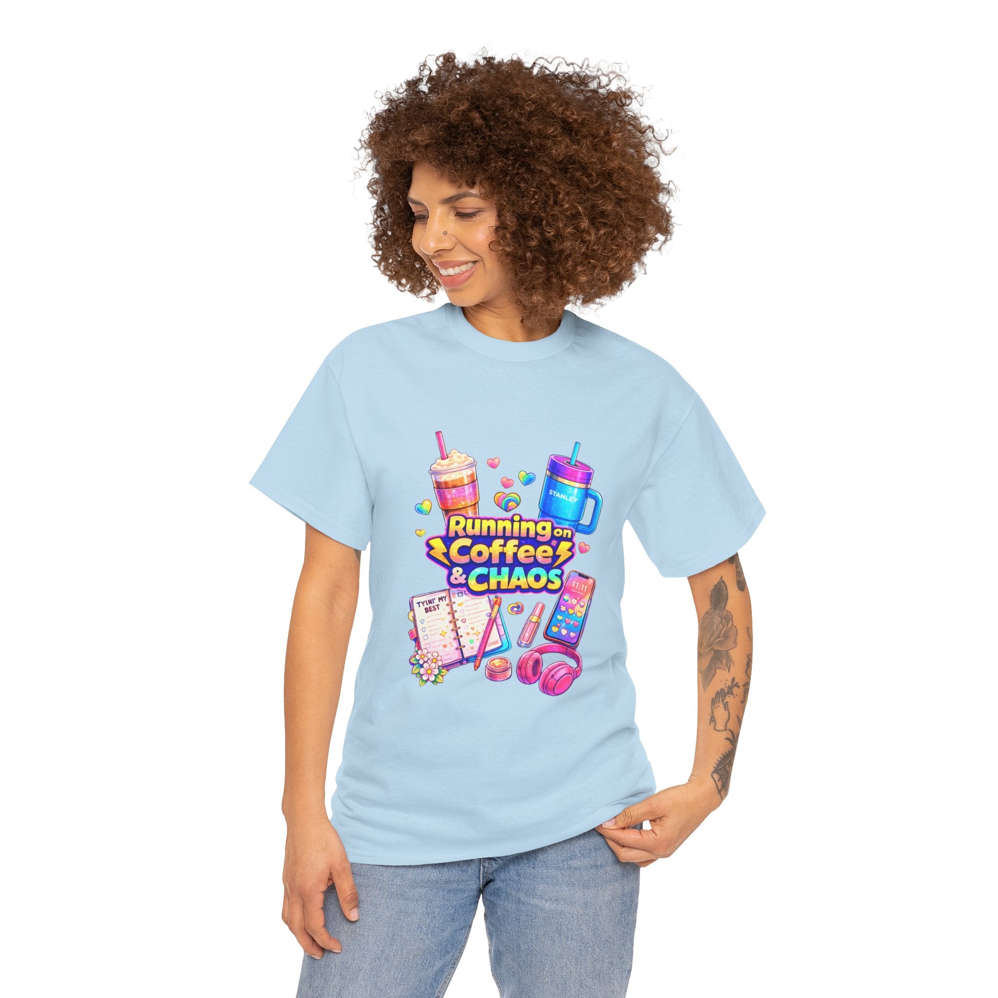 Graphic Tee — "Running on Coffee & Chaos" Colorful Planner Lover Shirt