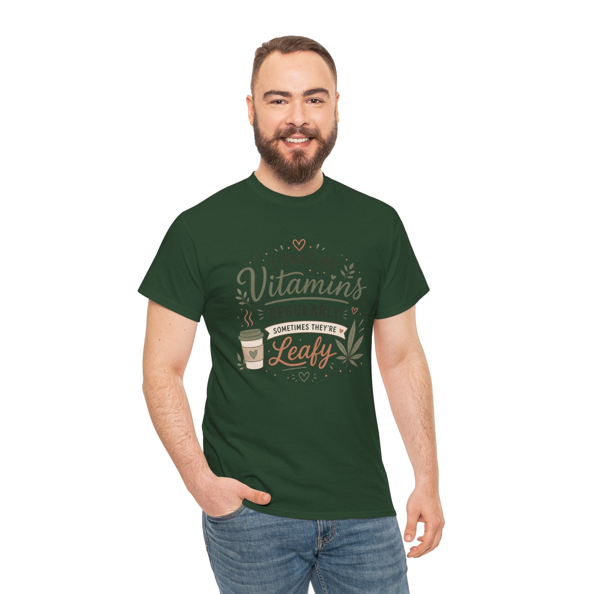 T-Shirt — "I Take My Vitamins Regularly, Sometimes They're Leafy" Funny Cannabis Coffee Tee