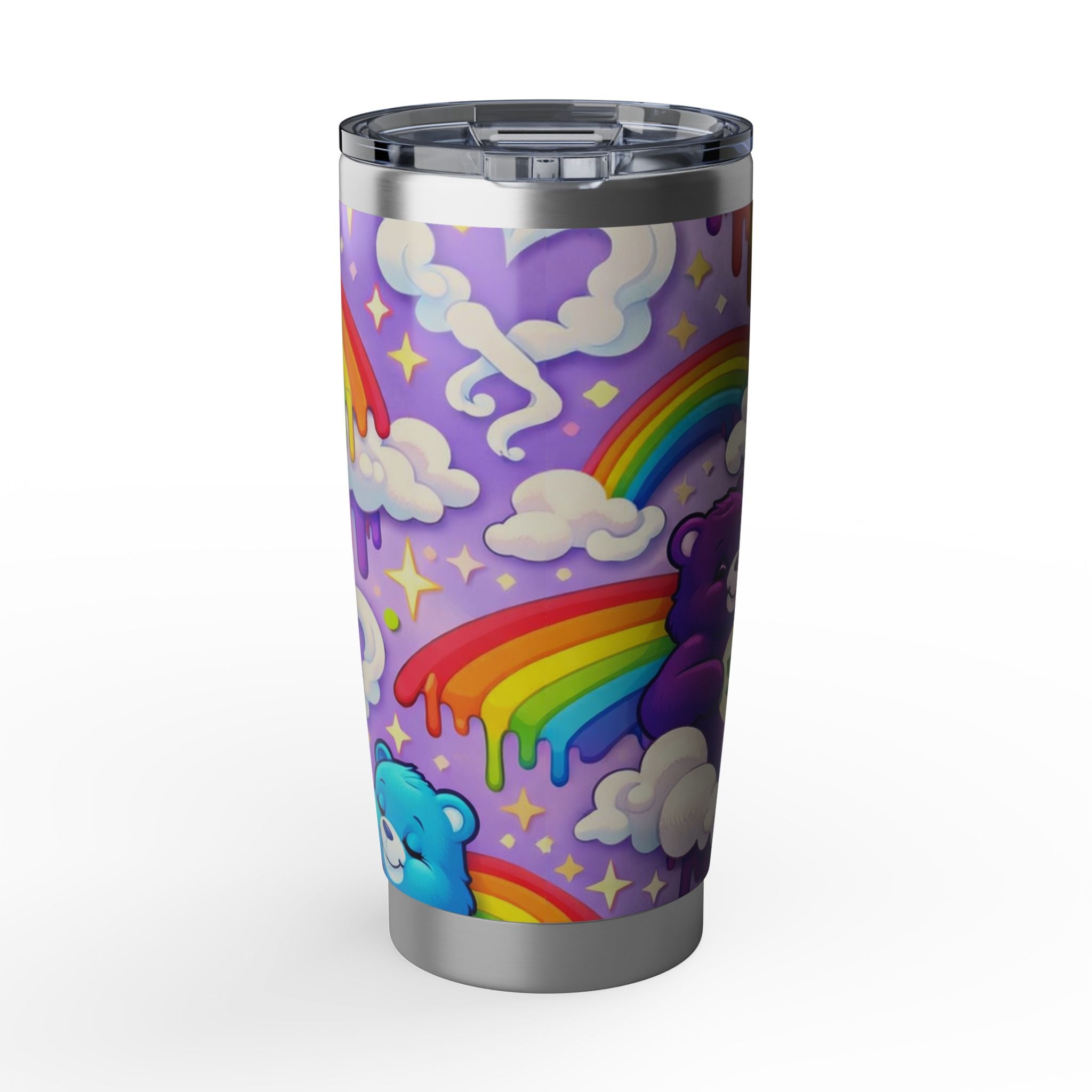 20oz Tumbler — Psychedelic Rainbow Bear Travel Cup with Leaf Motif