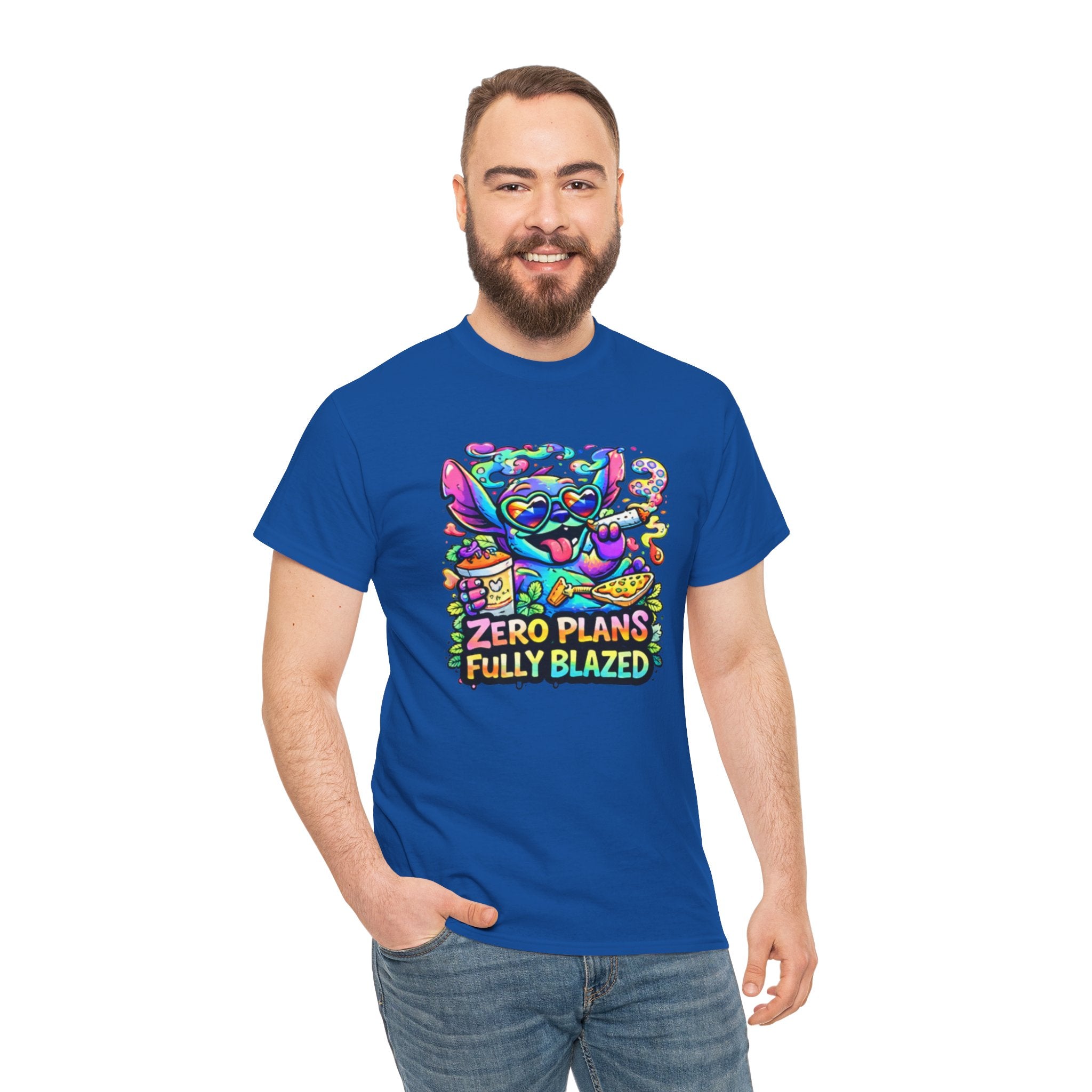 Zero Plans Fully Blazed Tee — Colorful Stoner Cat Graphic T-Shirt
