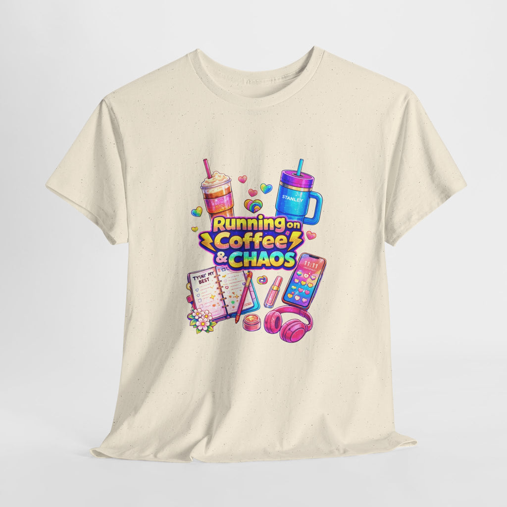 Graphic Tee — "Running on Coffee & Chaos" Colorful Planner Lover Shirt