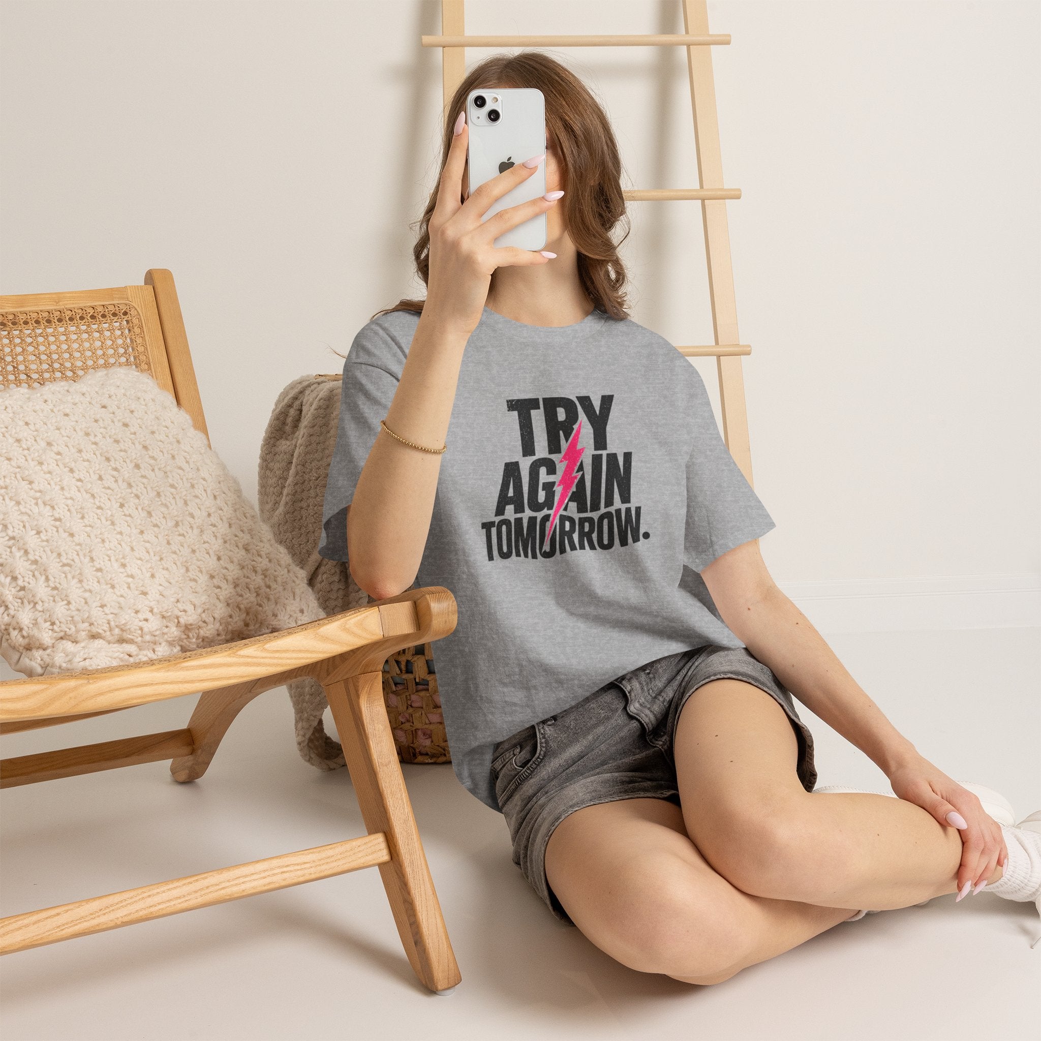 Try Again Tomorrow T-Shirt — Motivational Graphic Tee with Lightning Bolt