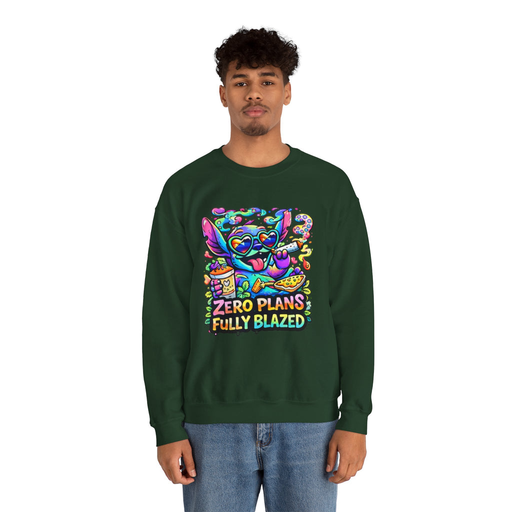 Crewneck Sweatshirt — "Zero Plans Fully Blazed" Colorful Stoner Cartoon Graphic