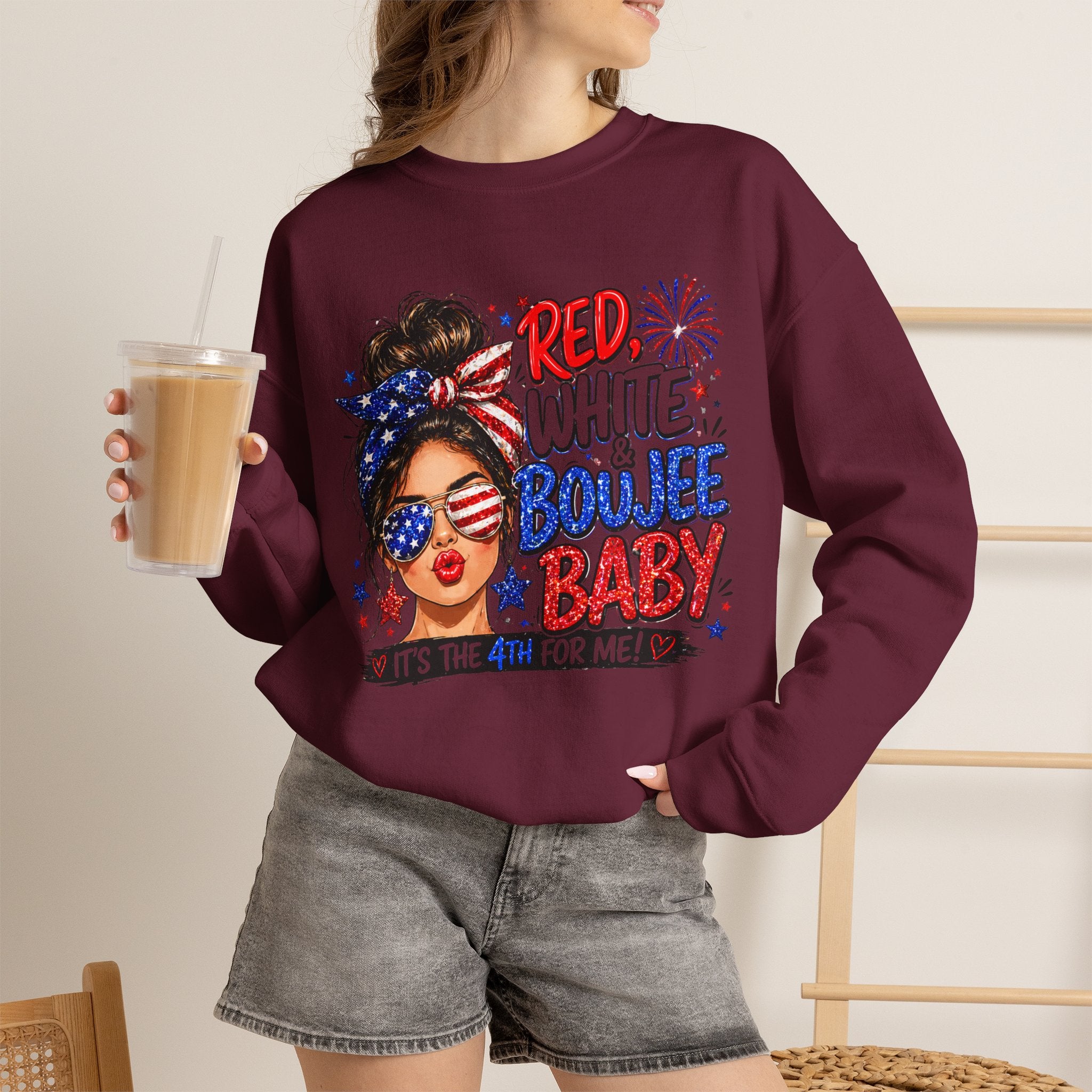 Crewneck Sweatshirt — "Red White Boujee Baby" Patriotic Women's 4th of July Graphic