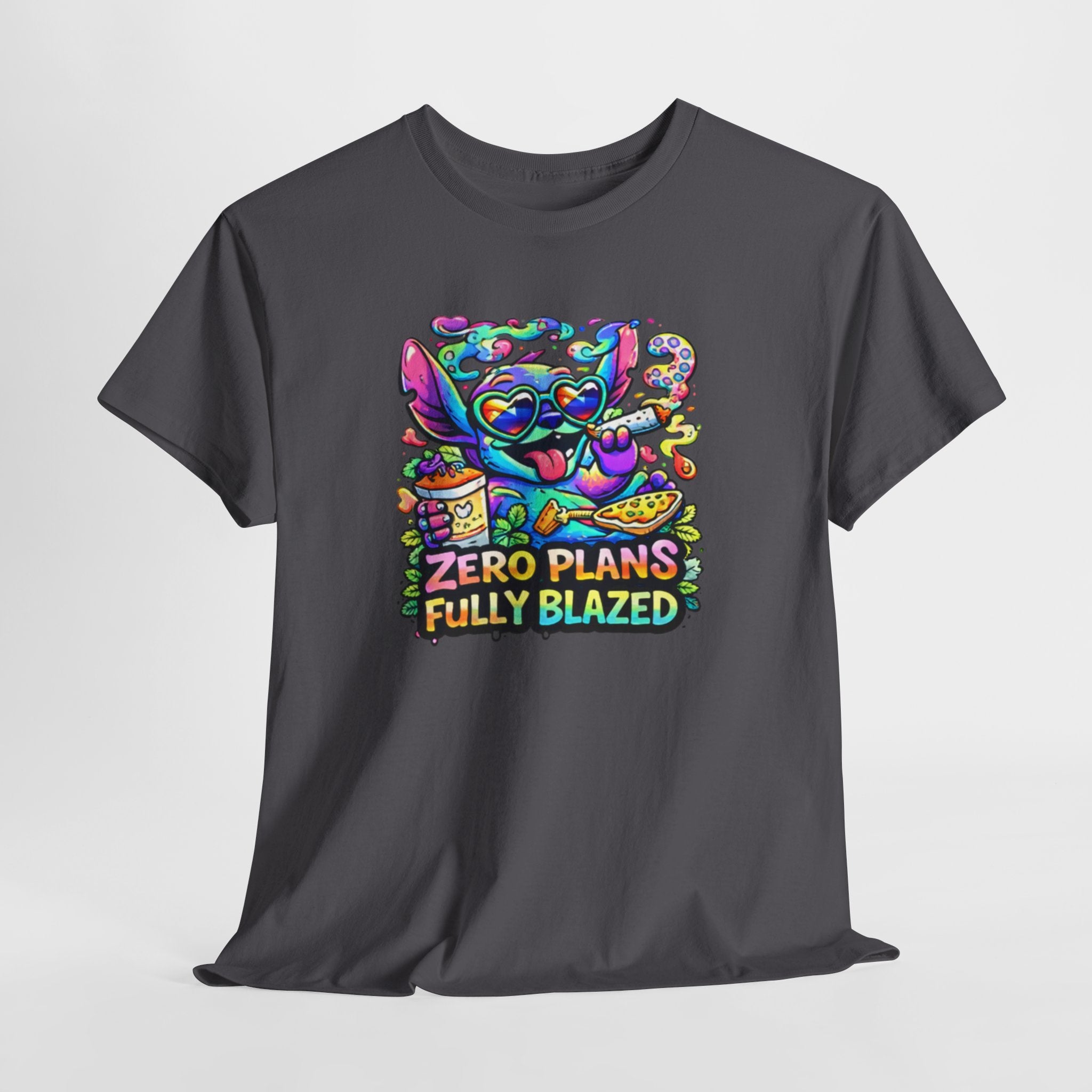 Zero Plans Fully Blazed Tee — Colorful Stoner Cat Graphic T-Shirt