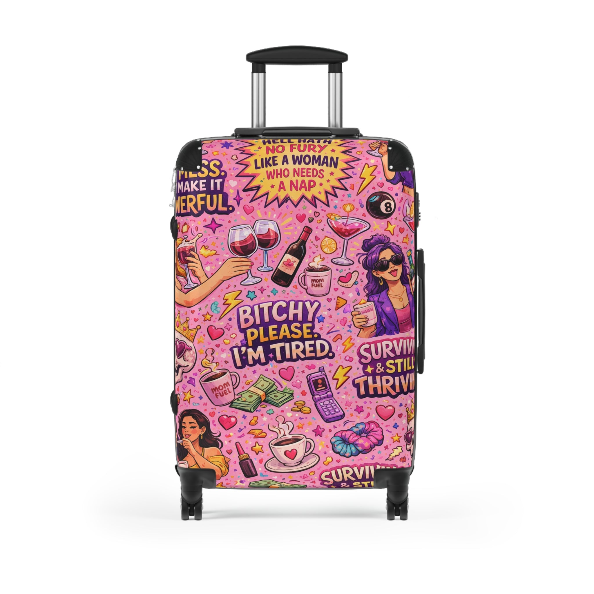 Pink Sassy Travel Suitcase – "Bitchy, Please I'm Tired" Patterned Carry-On