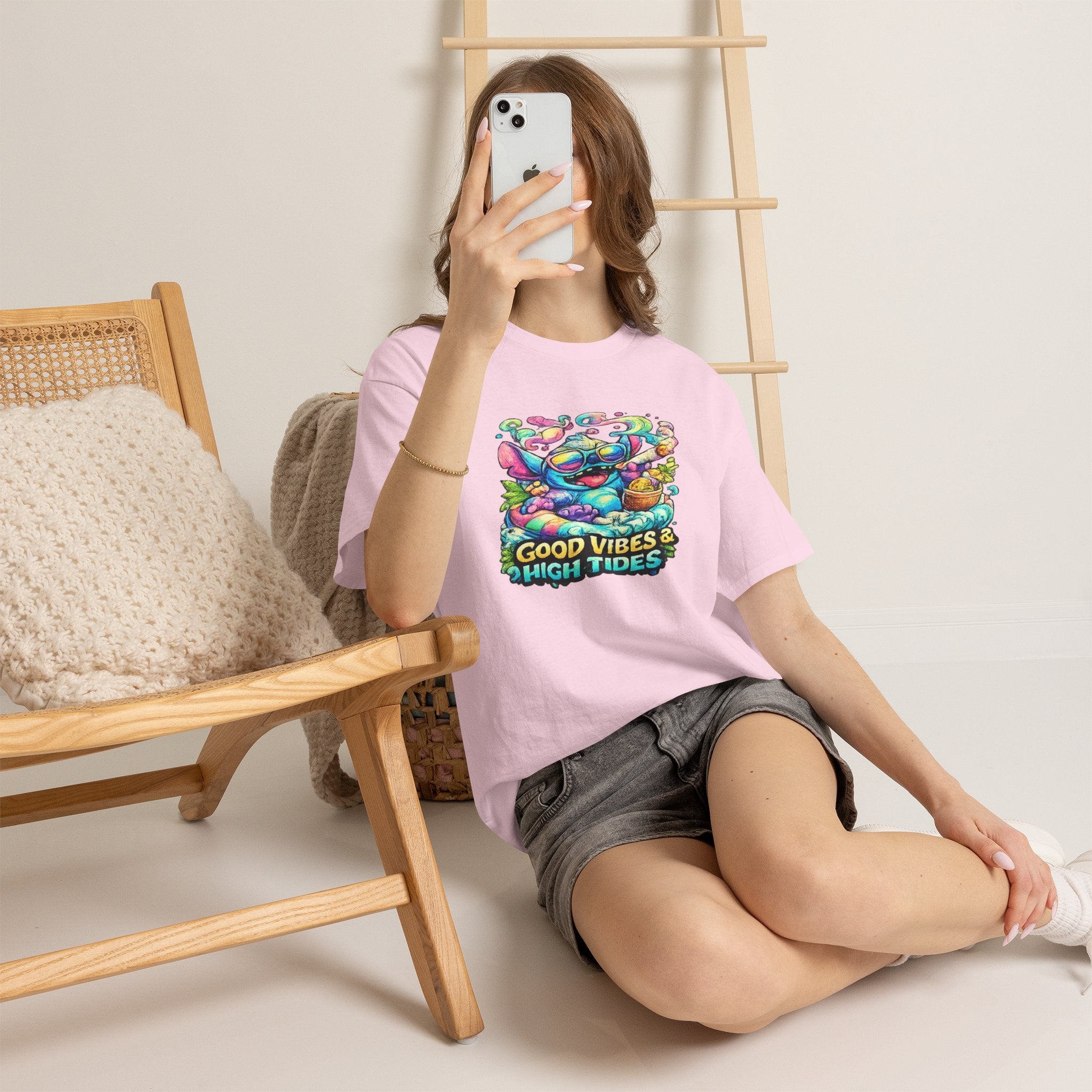 T-Shirt — "Good Vibes & High Tides" Colorful Surf Shark Graphic Tee