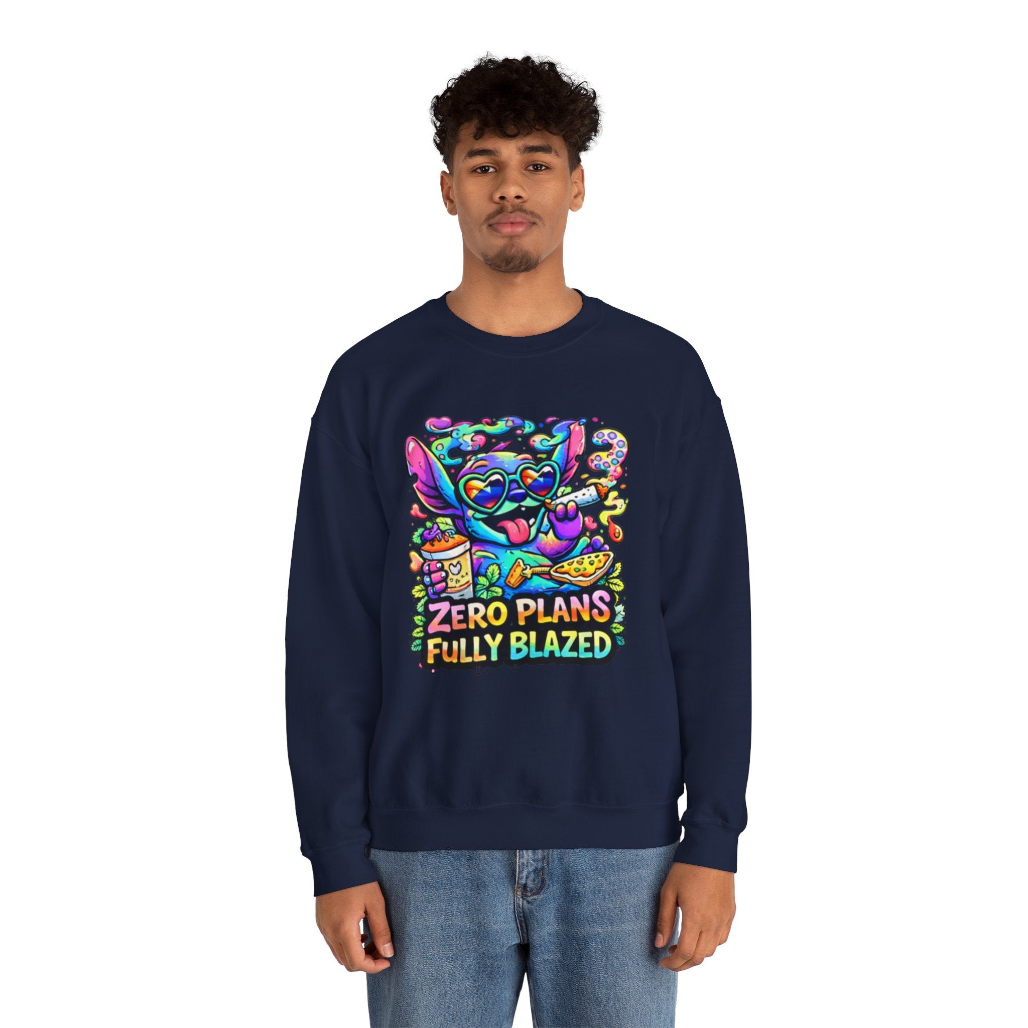 Crewneck Sweatshirt — "Zero Plans Fully Blazed" Colorful Stoner Cartoon Graphic