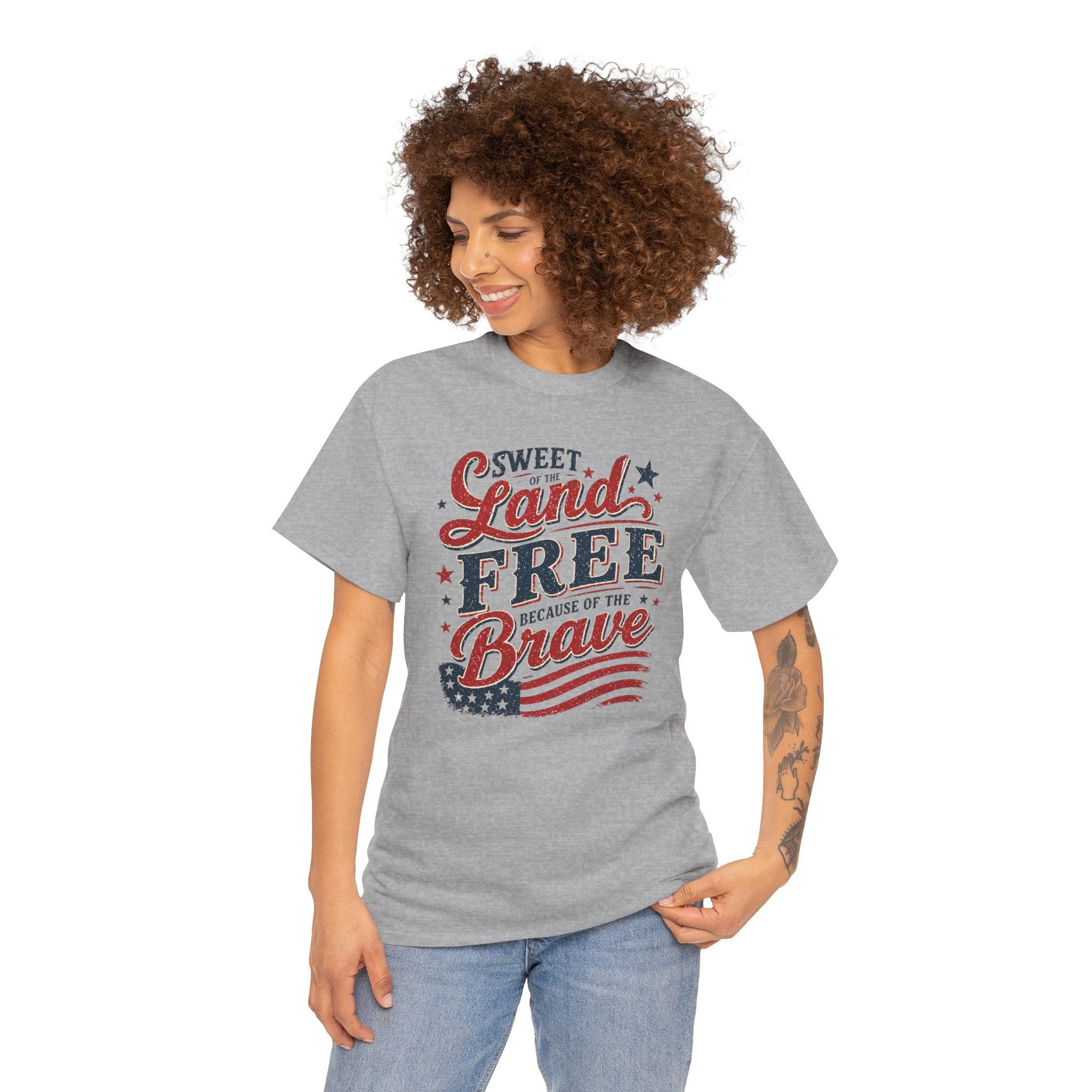 Patriotic Tee — "Sweet Land Free Because of the Brave" American Flag Shirt