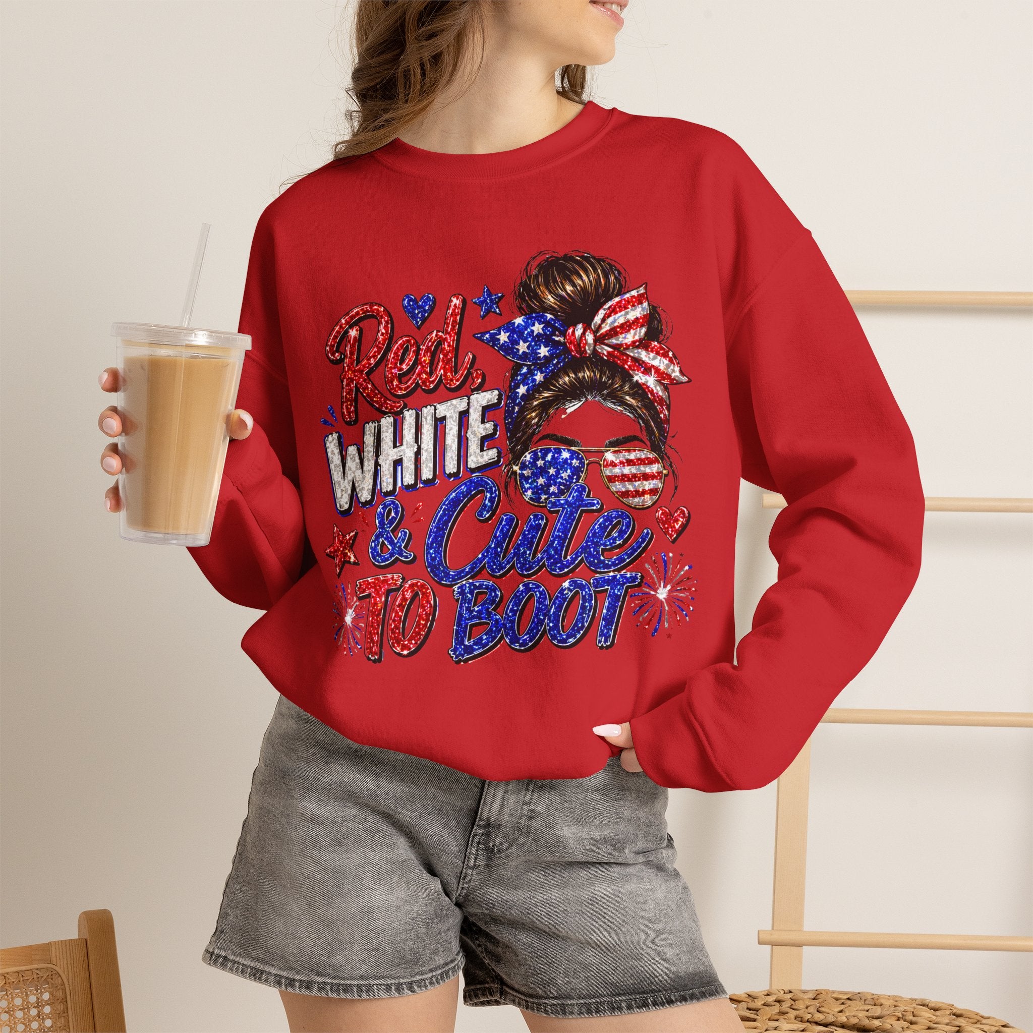 Crewneck Sweatshirt - "Red, White & Cute to Boot" Patriotic Women’s Graphic